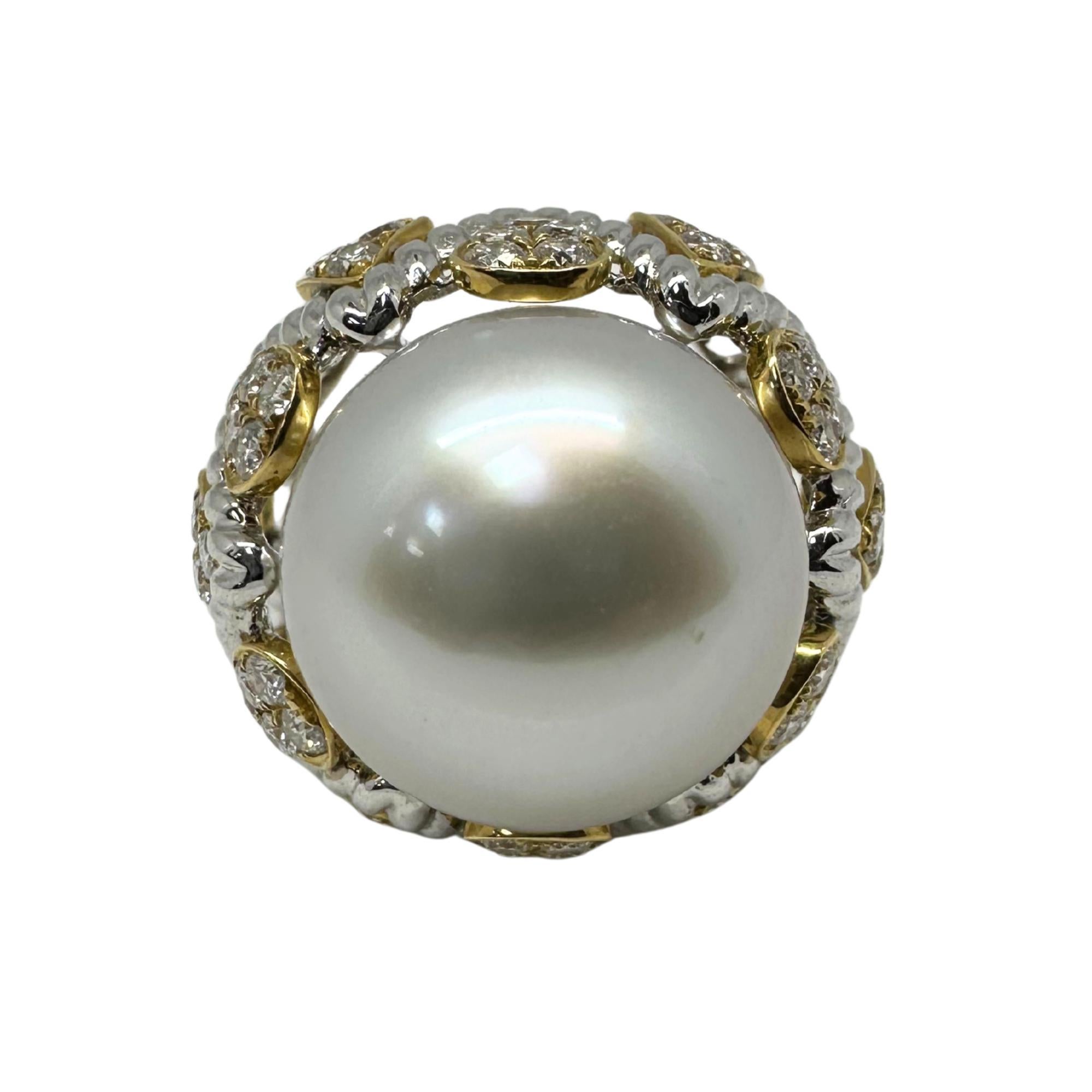 18K zweifarbiger Diamant und Perle Cocktail Ring im Angebot 1