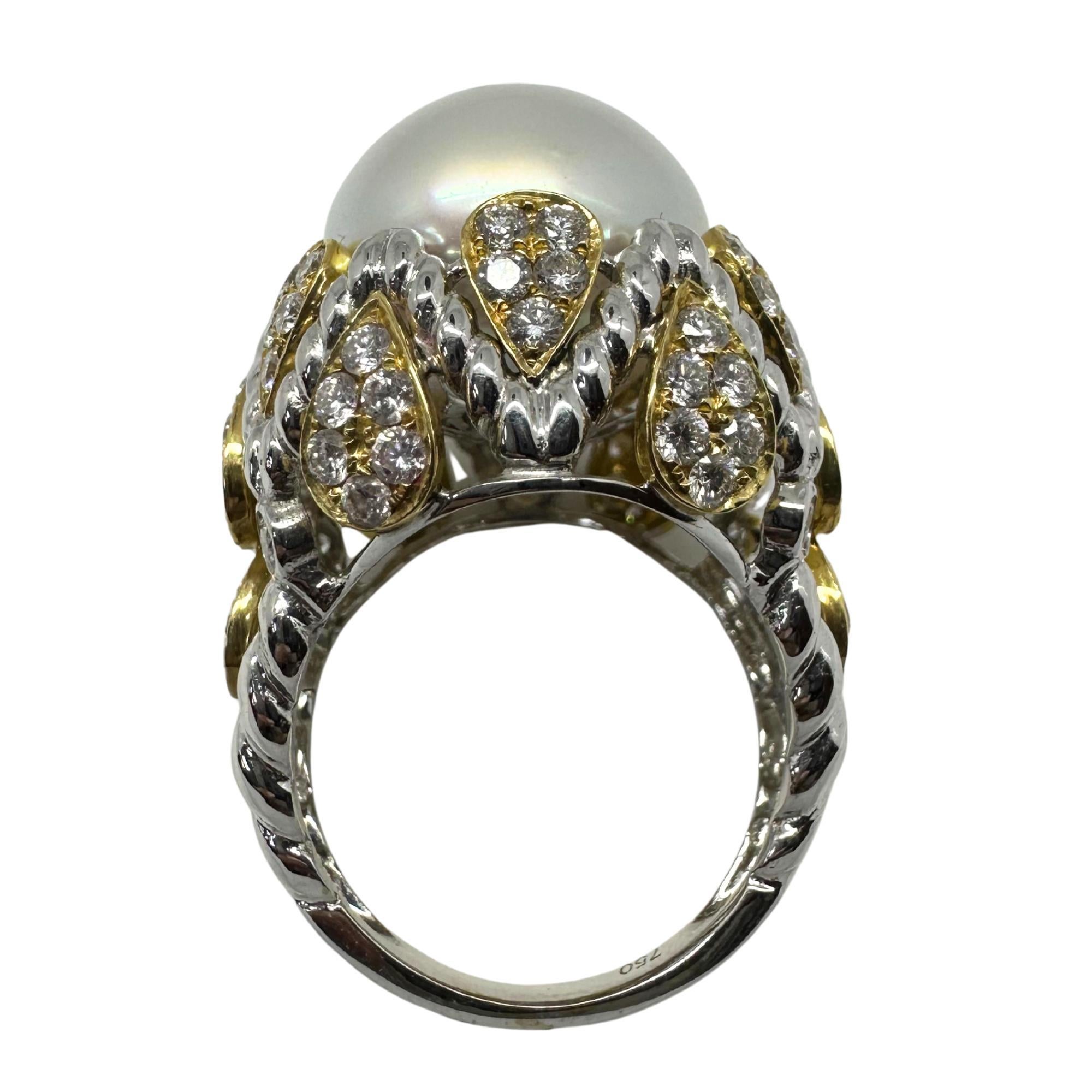 18K zweifarbiger Diamant und Perle Cocktail Ring im Angebot 2