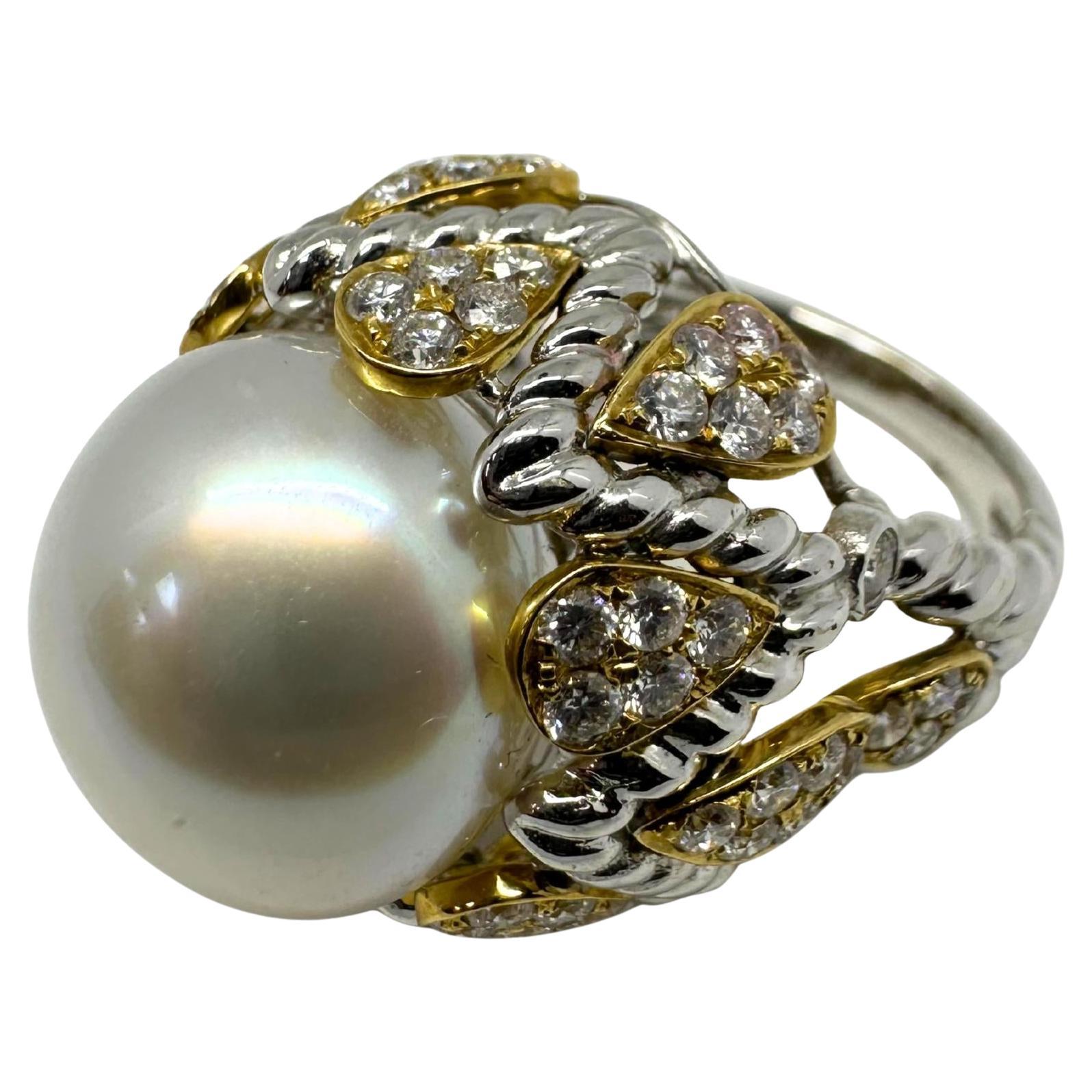 18K zweifarbiger Diamant und Perle Cocktail Ring