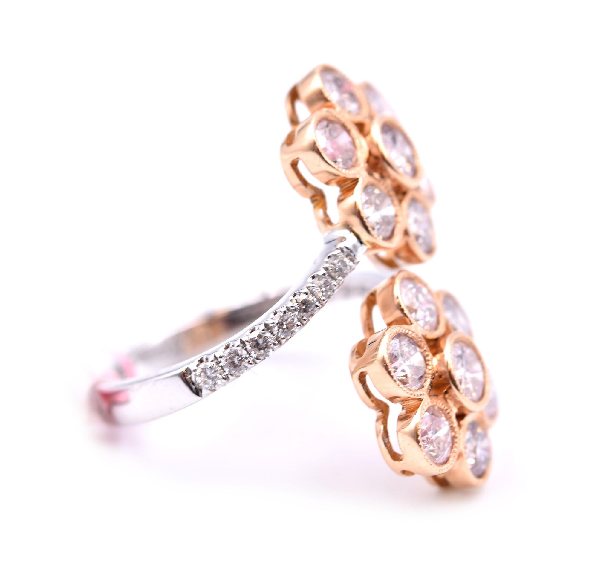Designer: custom design
Material: 18k white and rose gold
Pink Diamonds: 14 round brilliant cut = 2.37cttw
Color: pink
Diamonds: 14 round brilliant cut = .20cttw
Color: G
Clarity: VS 
Size: 7 (please allow two additional shipping days for sizing
