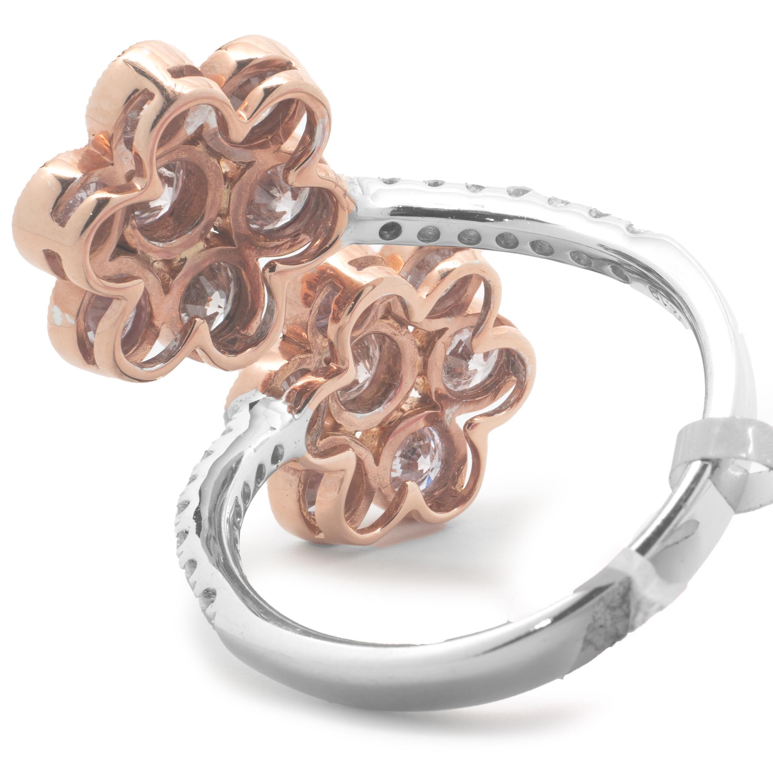 18k Zweifarbiger Diamant und Pink Diamond Double Flower Ring (Rundschliff) im Angebot