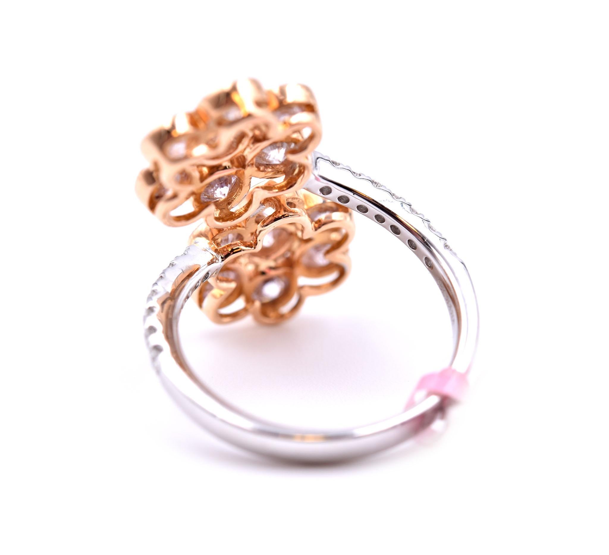 Round Cut 18 Karat Two-Tone Diamond and Pink Diamond Double Flower Ring