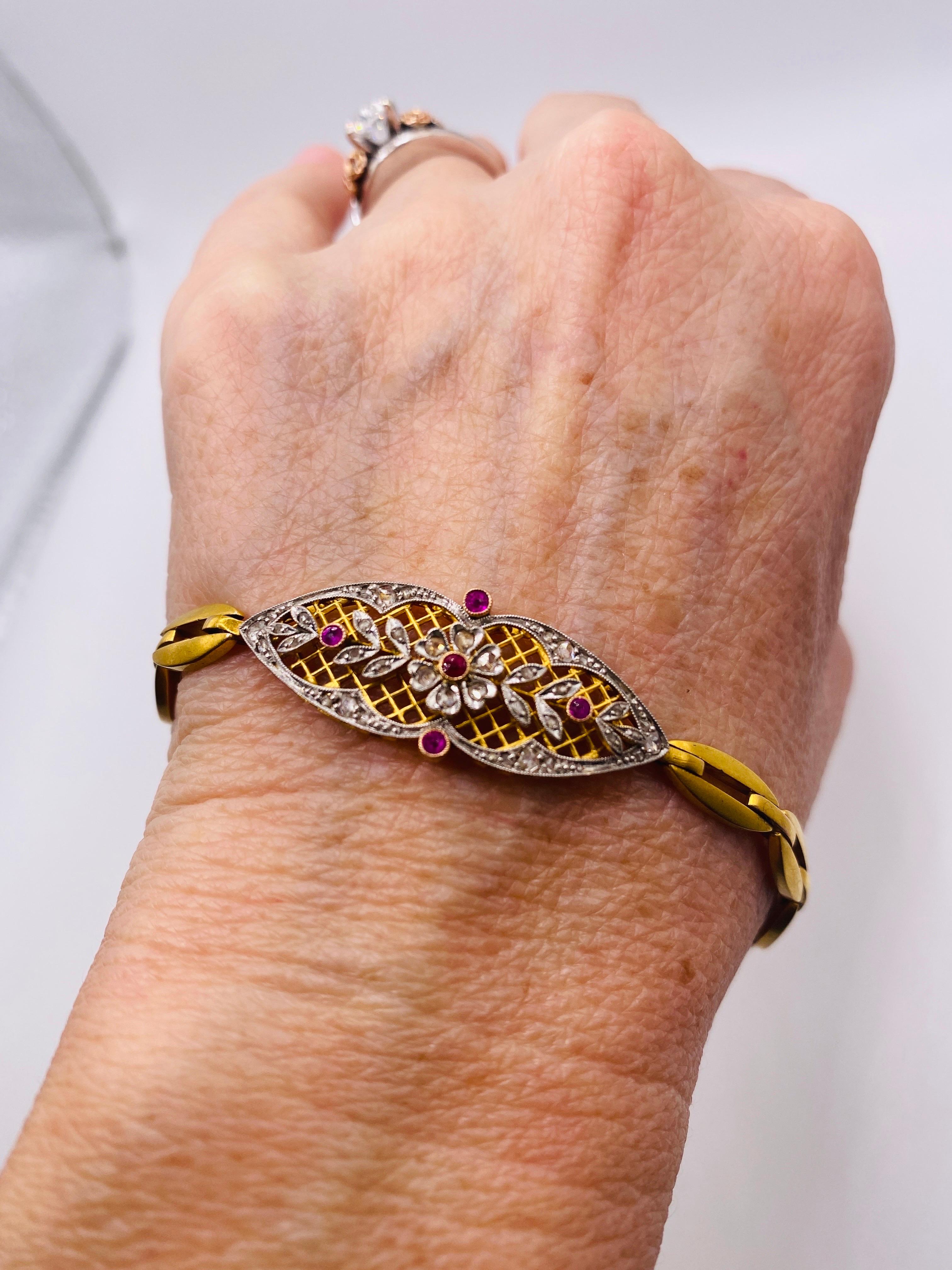 Rose Cut Two-Tone Diamond and Ruby Gold Bracelet For Sale