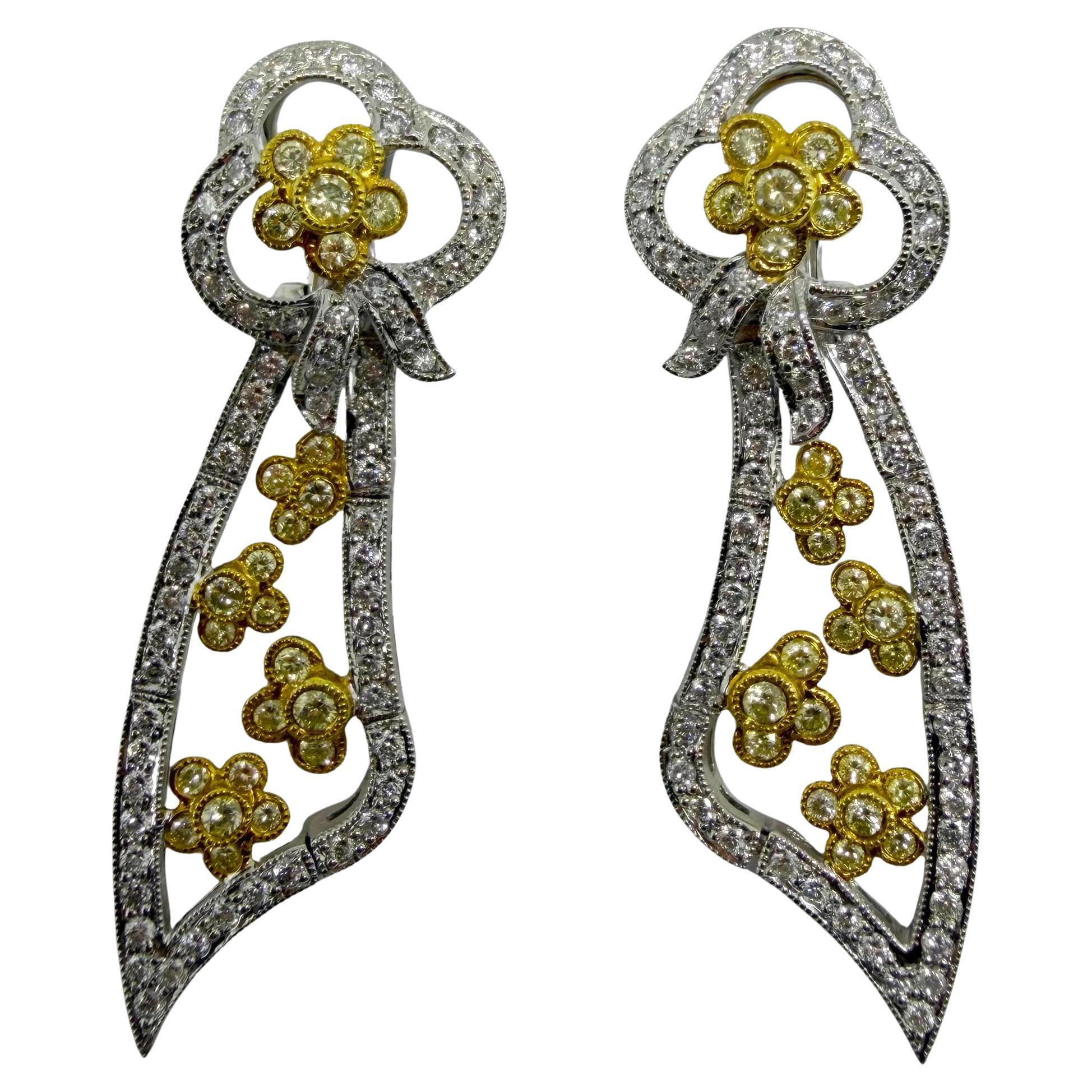 18k Two Tone Diamond and Yellow Diamond Flower Earrings