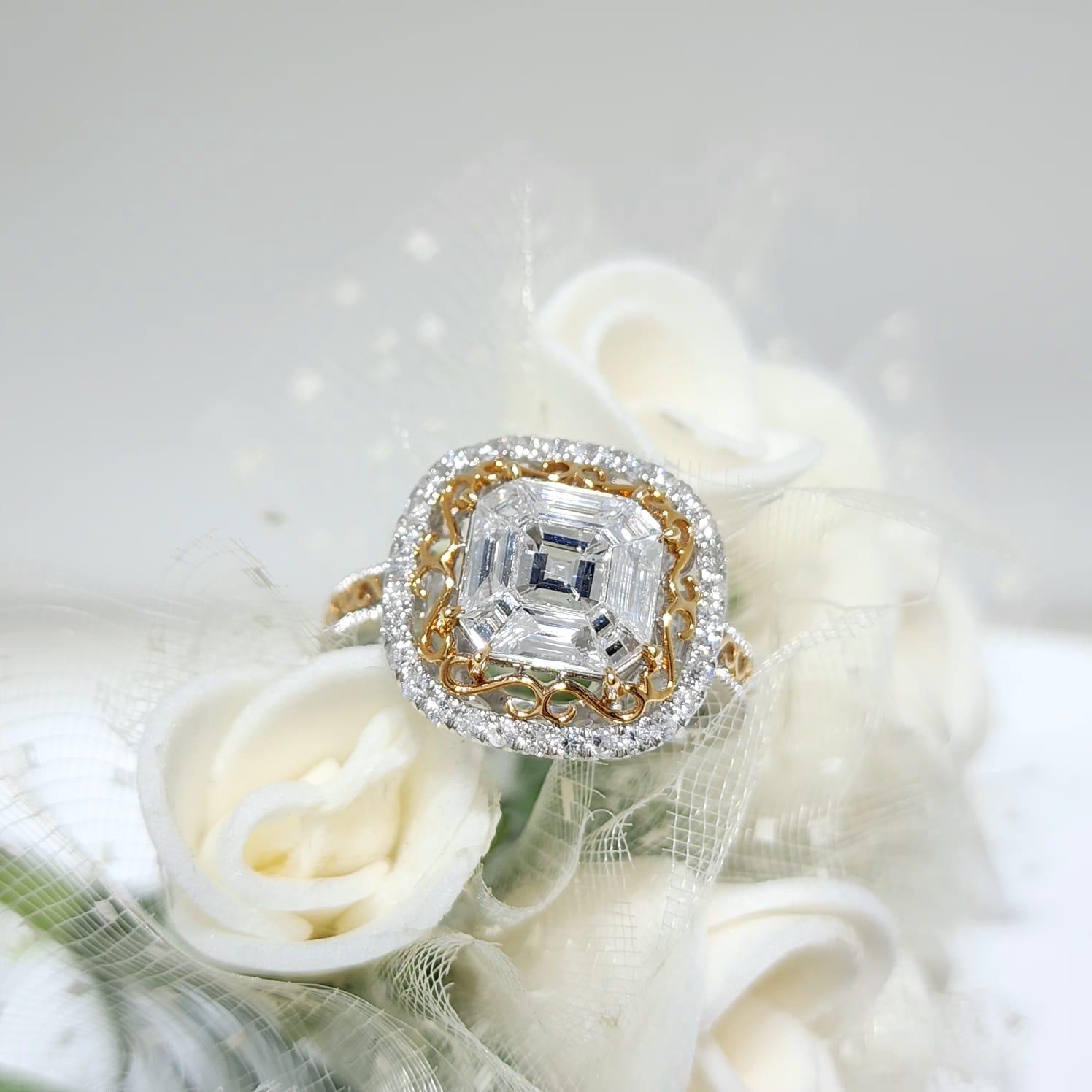 Anello con incastonatura a illusione di diamanti in oro bianco e rosa 18 carati in vendita 3