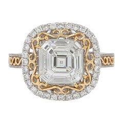 18K Two-Tone Emerald Illusion Diamond Halo Ring – 1.08ct Center & 0.32ct Accent