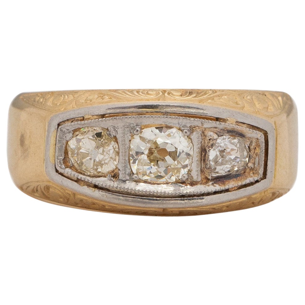 18K Two Tone Floral Carved Vintage Old Mine Cut Diamond Three Stone Unisex Ring