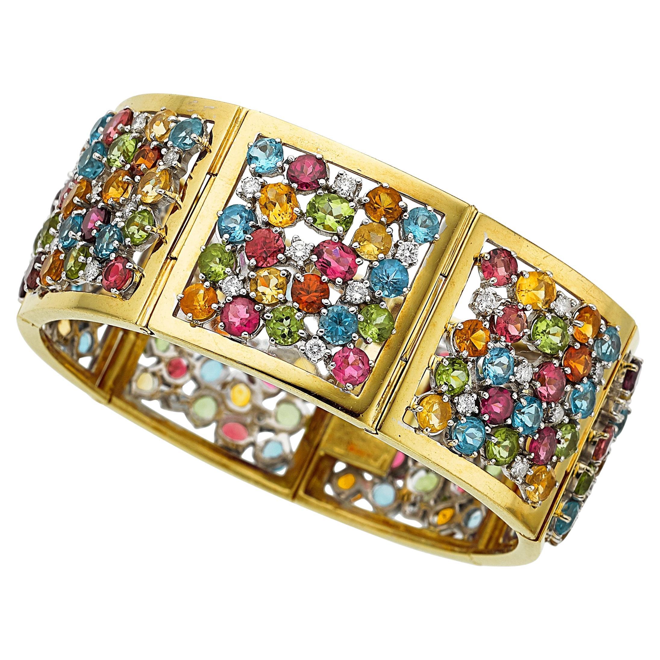 18k Two Tone Gemstone Plaque Bracelet 31.75 CTW 6.75" Long
