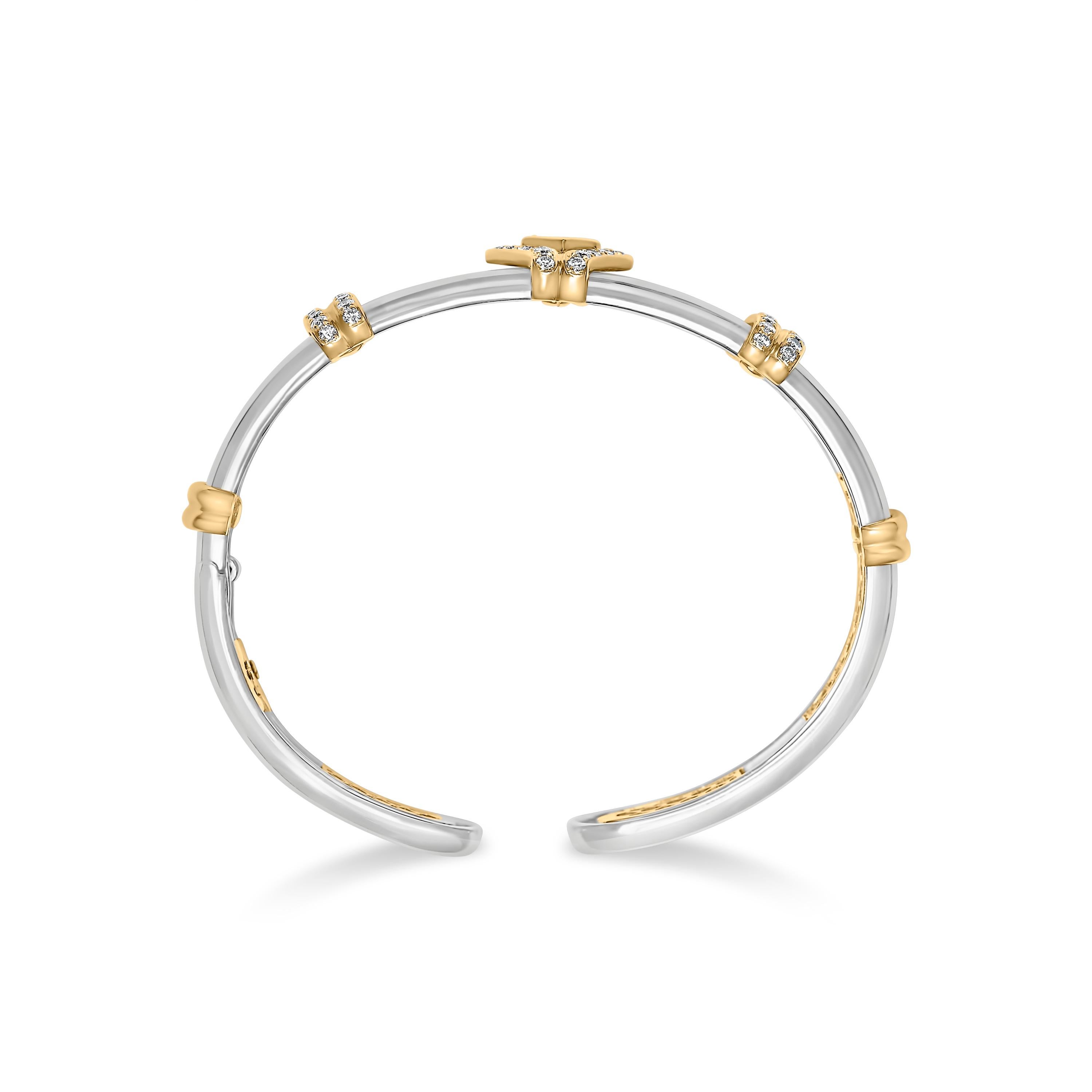 Moderne Bracelet à manchette ouverte en or bicolore 18K avec 1 1/2 cttw de diamant