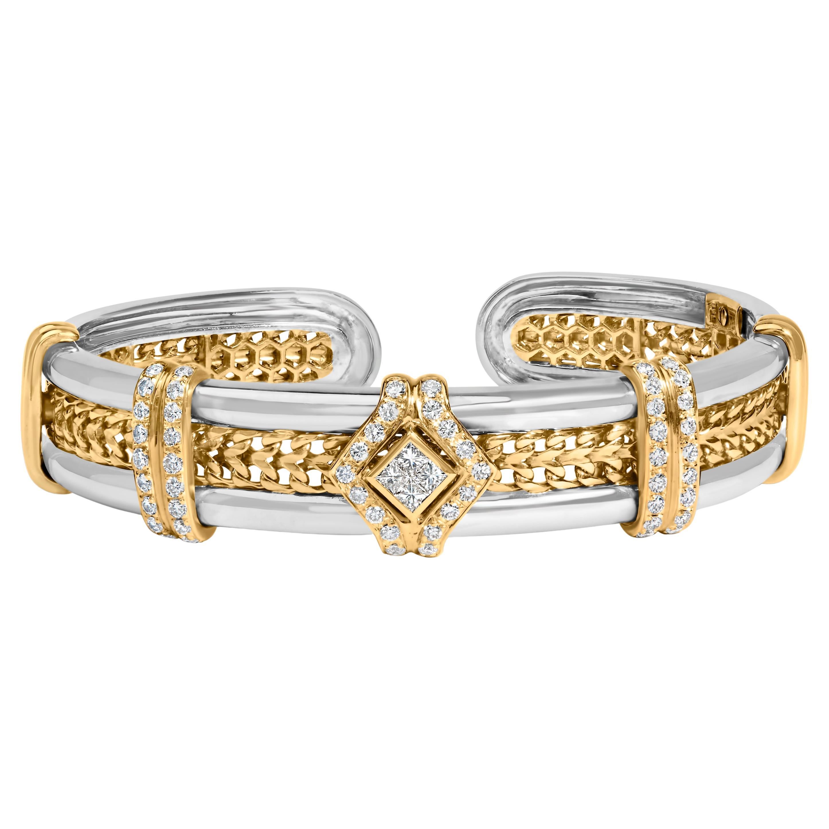 Bracelet à manchette ouverte en or bicolore 18K avec 1 1/2 cttw de diamant