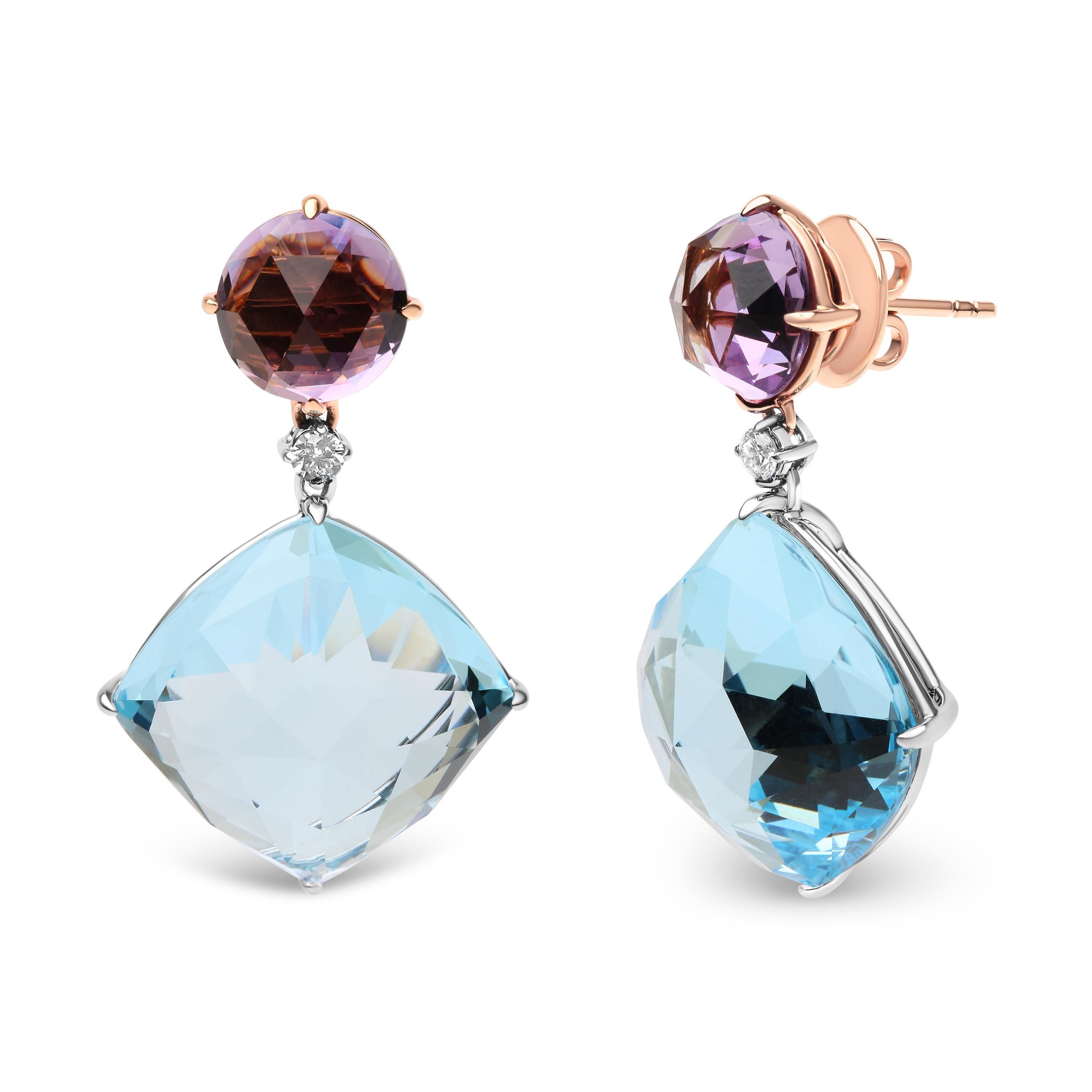 These glamorous 18k white and rose gold dangle earrings will bring you luxurious head-turning sparkle featuring natural gemstones and diamonds that radiate cool glam from prong settings. The look starts off with a 10x10mm round heat-treated pink