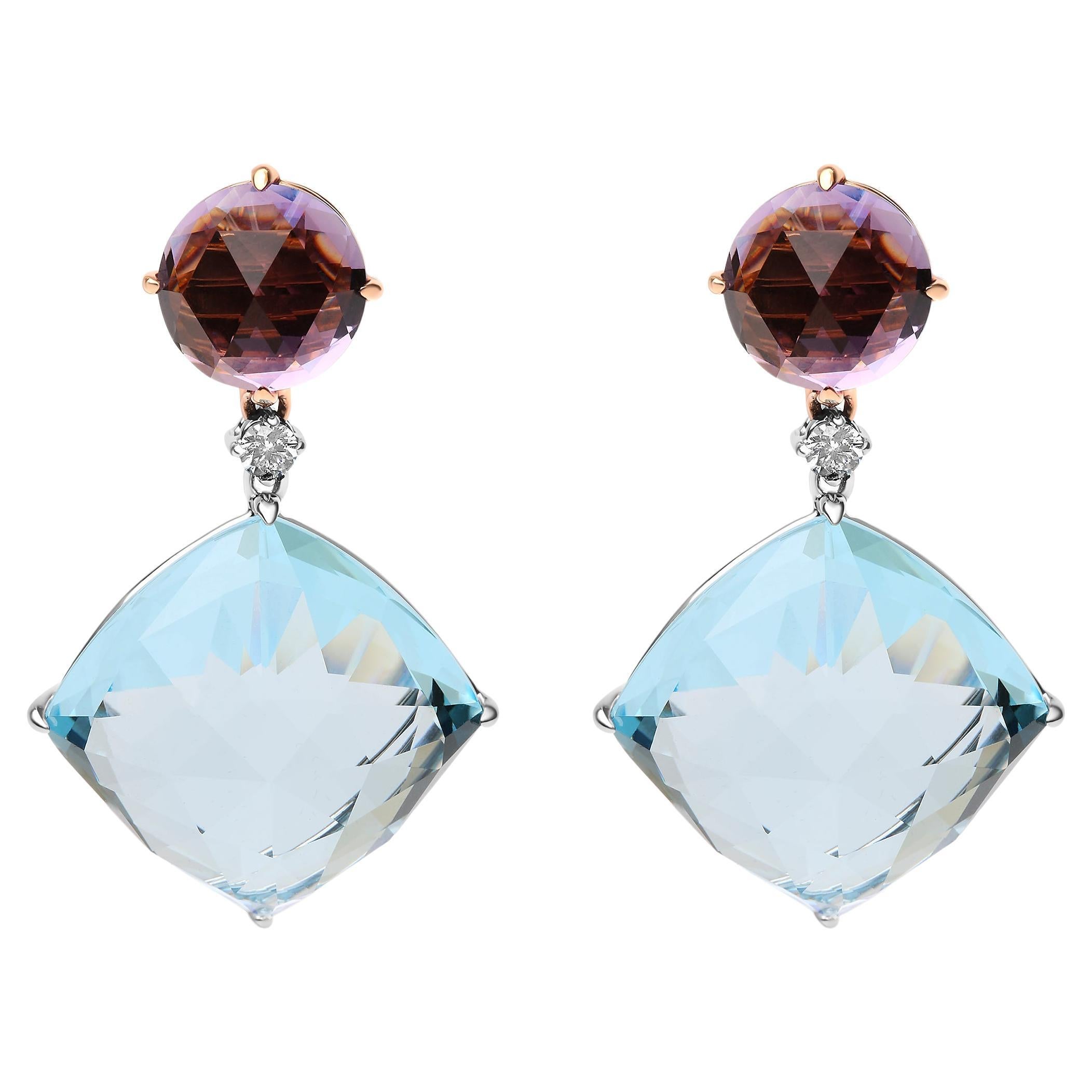 Pendants d'oreilles en or bicolore 18 carats avec diamant de 1/5 carat, améthyste et topaze bleue en vente