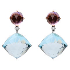 18K Two-Tone Gold 1/5 Carat Diamond with Amethyst and Blue Topaz Dangle Earring