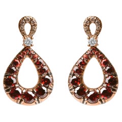 18K Two-Tone Gold 1/5 Carat White and Brown Diamond and Red Garnet Drop Earring