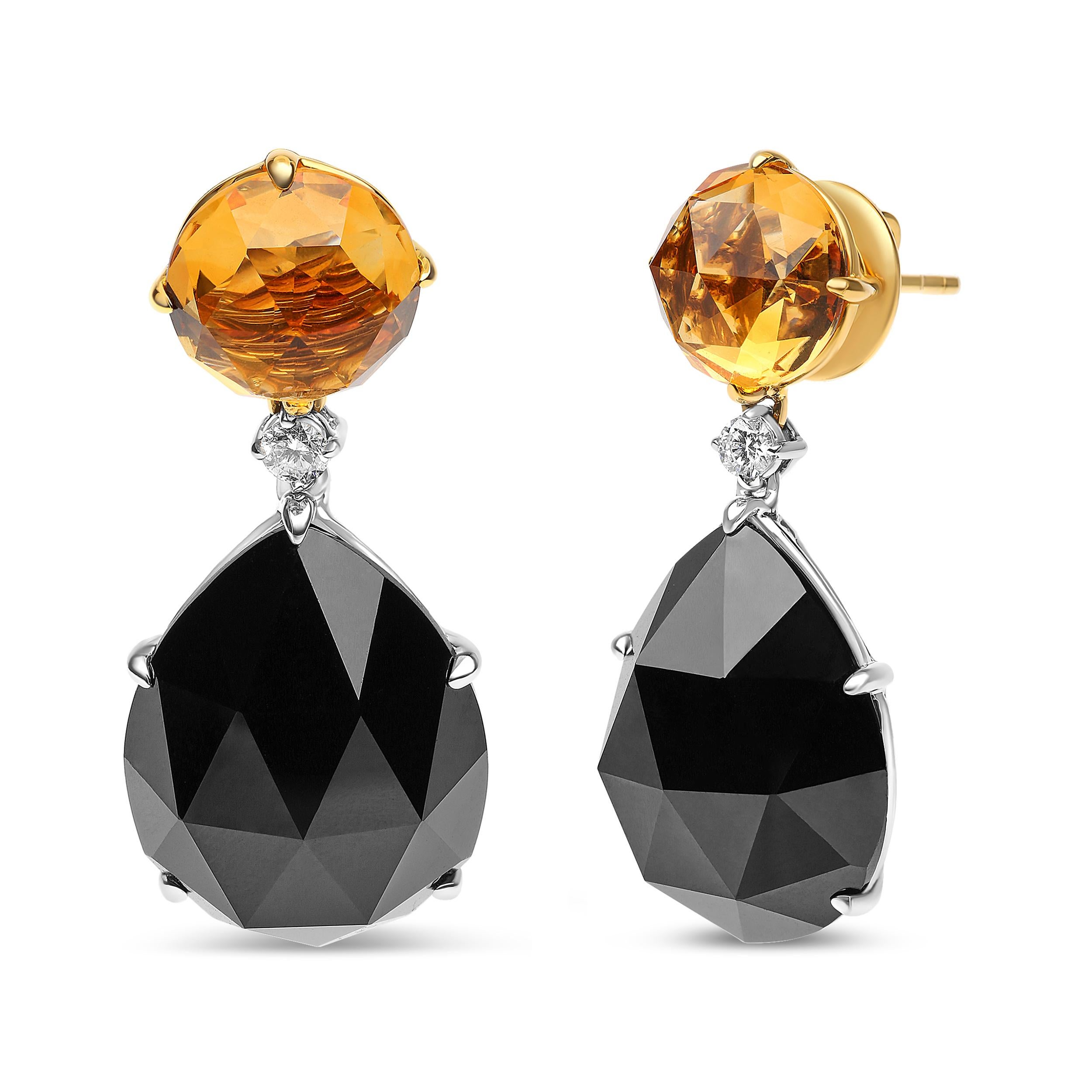 These fashion-forward dangle earrings pose a regal look in genuine 18k white and yellow gold. The graceful design concept centers around natural 20x15mm pear-cut heat-treated black onyx gemstones in prong settings below natural 10x10mm round