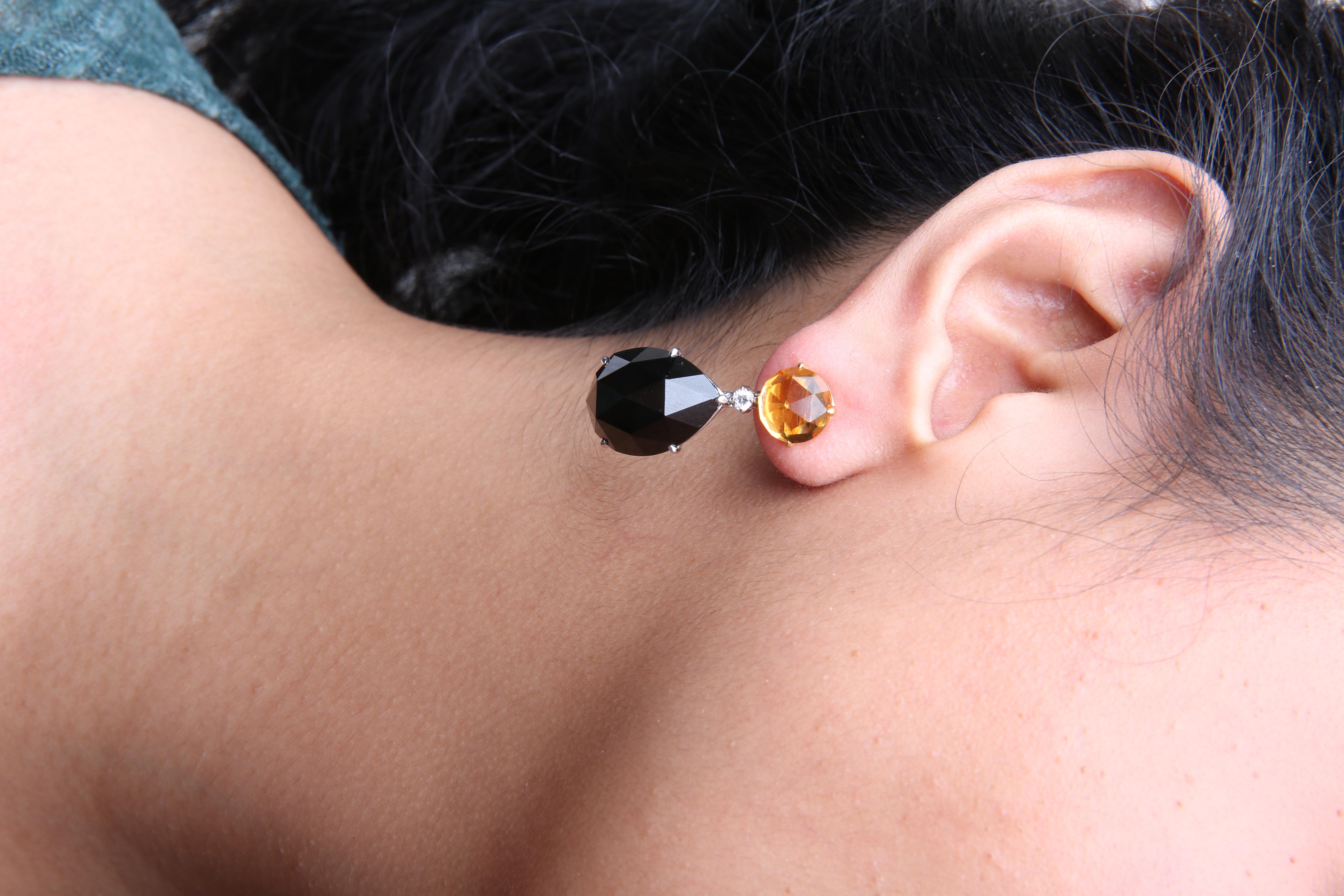 Contemporary 18K Two-Tone Gold 1/5 Ct Diamond with Yellow Citrine & Black Onyx Dangle Earring For Sale