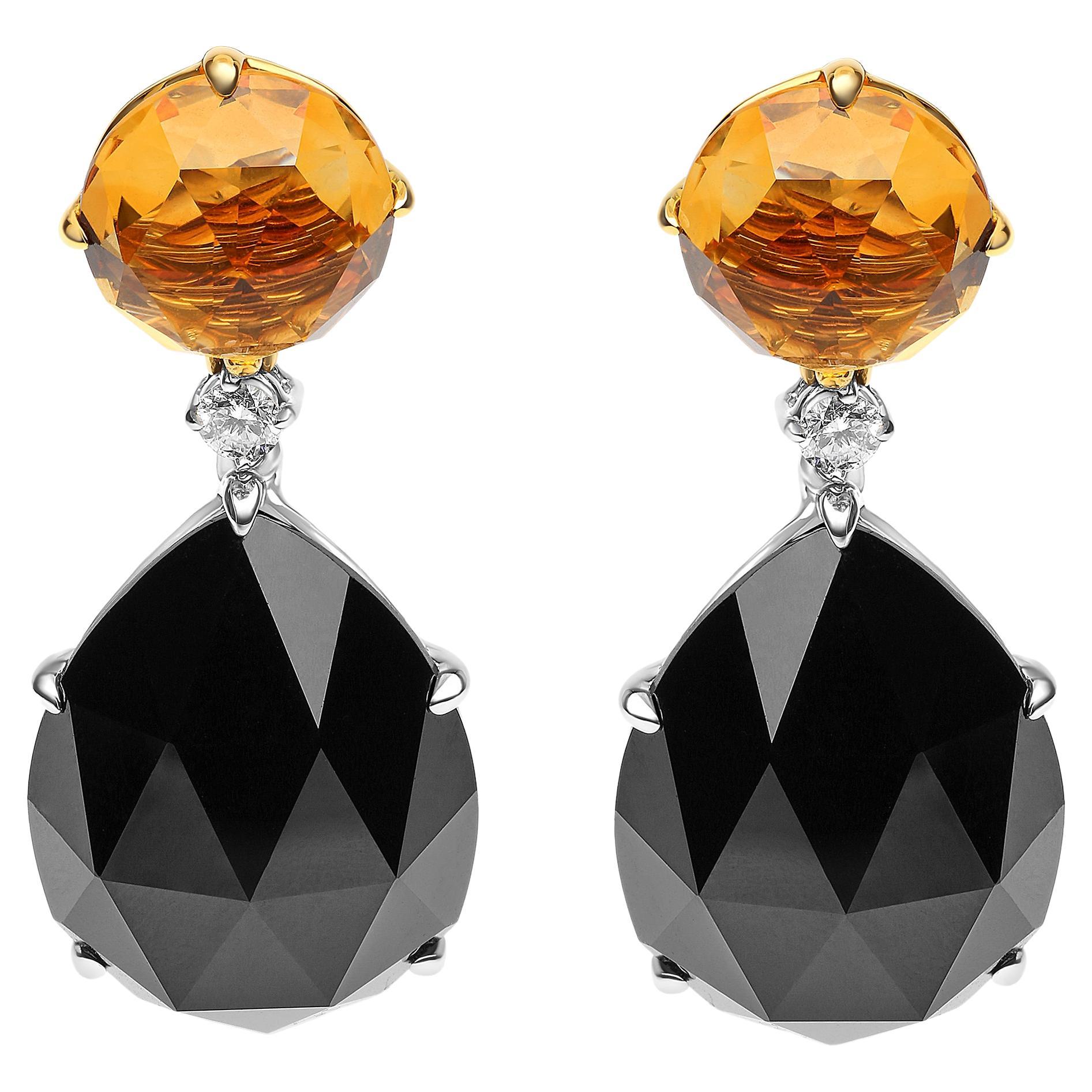 18K Two-Tone Gold 1/5 Ct Diamond with Yellow Citrine & Black Onyx Dangle Earring For Sale