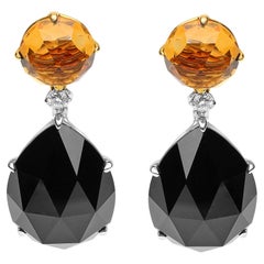 Pendants d'oreilles en or bicolore 18 carats avec diamants 1/5 carat, citrine jaune et onyx noir