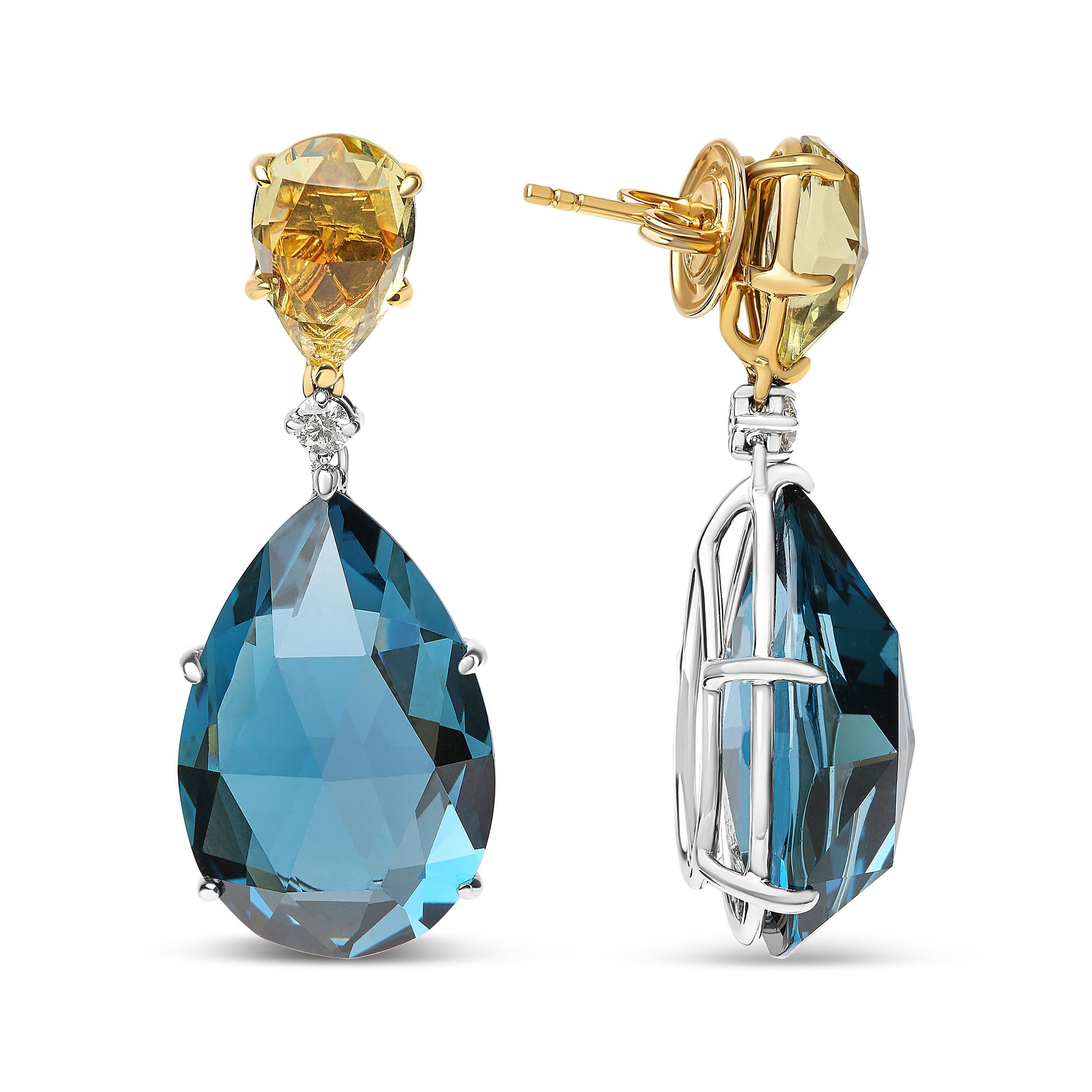 Contemporary 18K Two-Tone Gold 1/5 Cttw Diamond with Lemon Quartz & Blue Topaz Dangle Earring For Sale