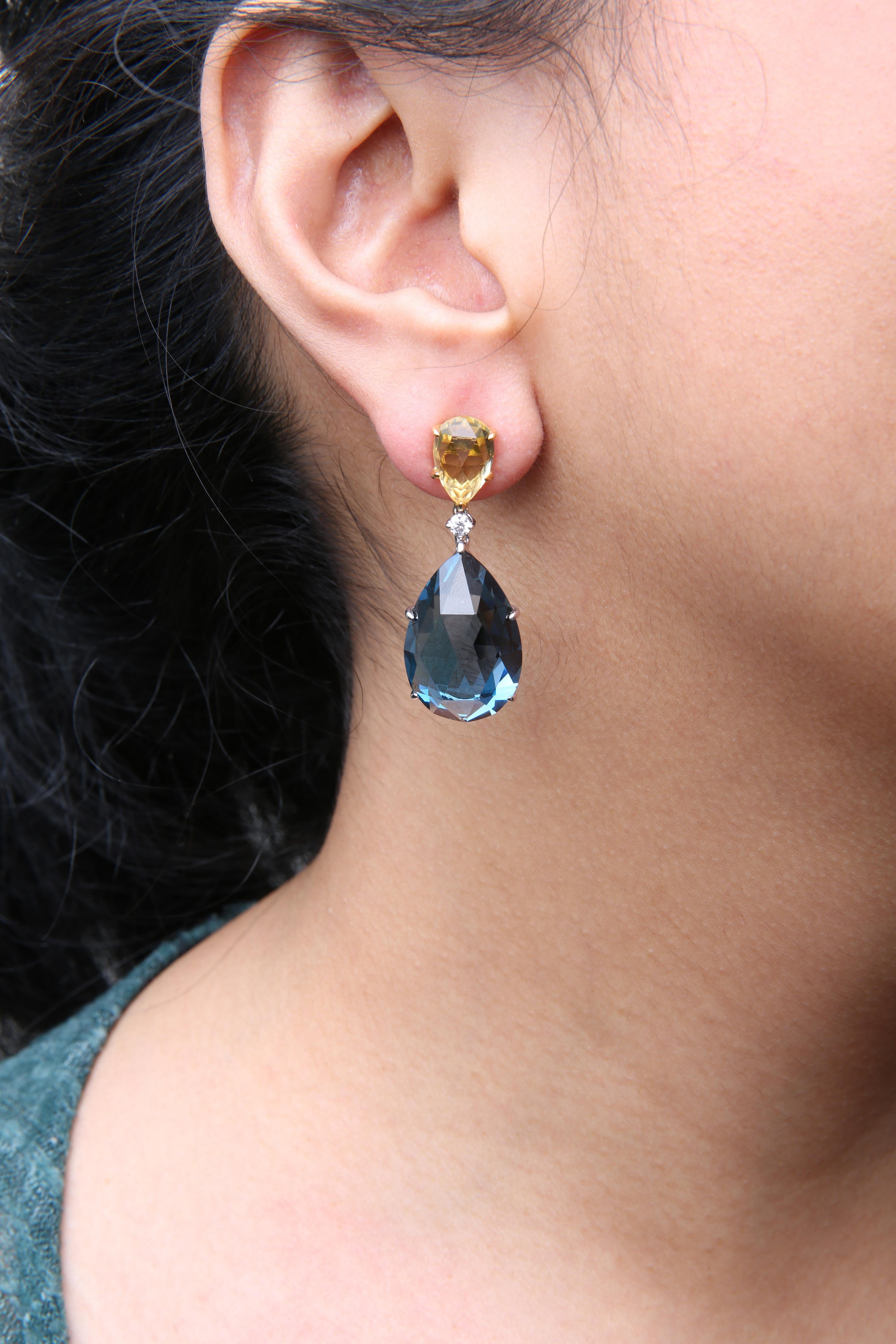 Pear Cut 18K Two-Tone Gold 1/5 Cttw Diamond with Lemon Quartz & Blue Topaz Dangle Earring For Sale