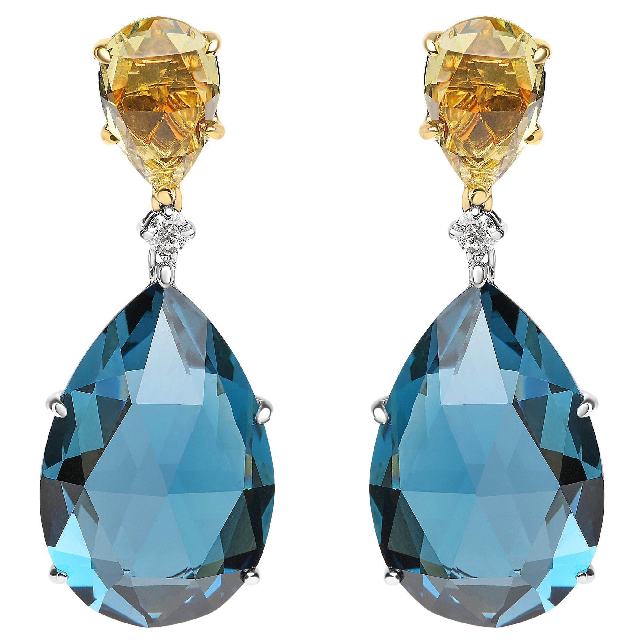 Pendants d'oreilles en or bicolore 18 carats avec diamants 1/5 carat, quartz citron et topaze bleue