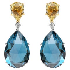 18 Karat zweifarbiges Gold 1/5 Karat Gesamtkaratgewicht Diamant mit Zitronenquarz & Blautopas Ohrring