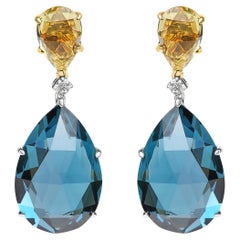 18K Two-Tone Gold 1/5 Cttw Diamond with Lemon Quartz & Blue Topaz Dangle Earring