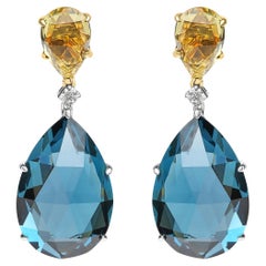 Pendants d'oreilles en or bicolore 18 carats avec diamants 1/5 carat, quartz citron et topaze bleue