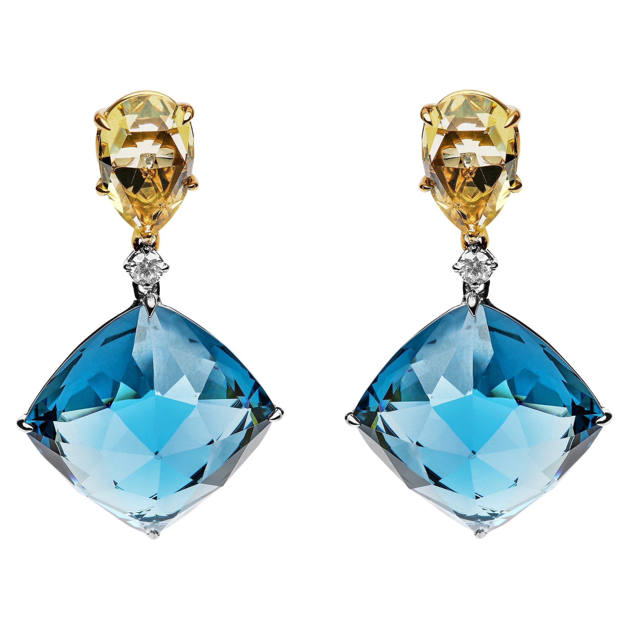 Pendants d'oreilles en or bicolore 18 carats avec diamants 1/5 carat, quartz citron et topaze bleue