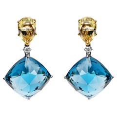 Pendants d'oreilles en or bicolore 18 carats avec diamants 1/5 carat, quartz citron et topaze bleue