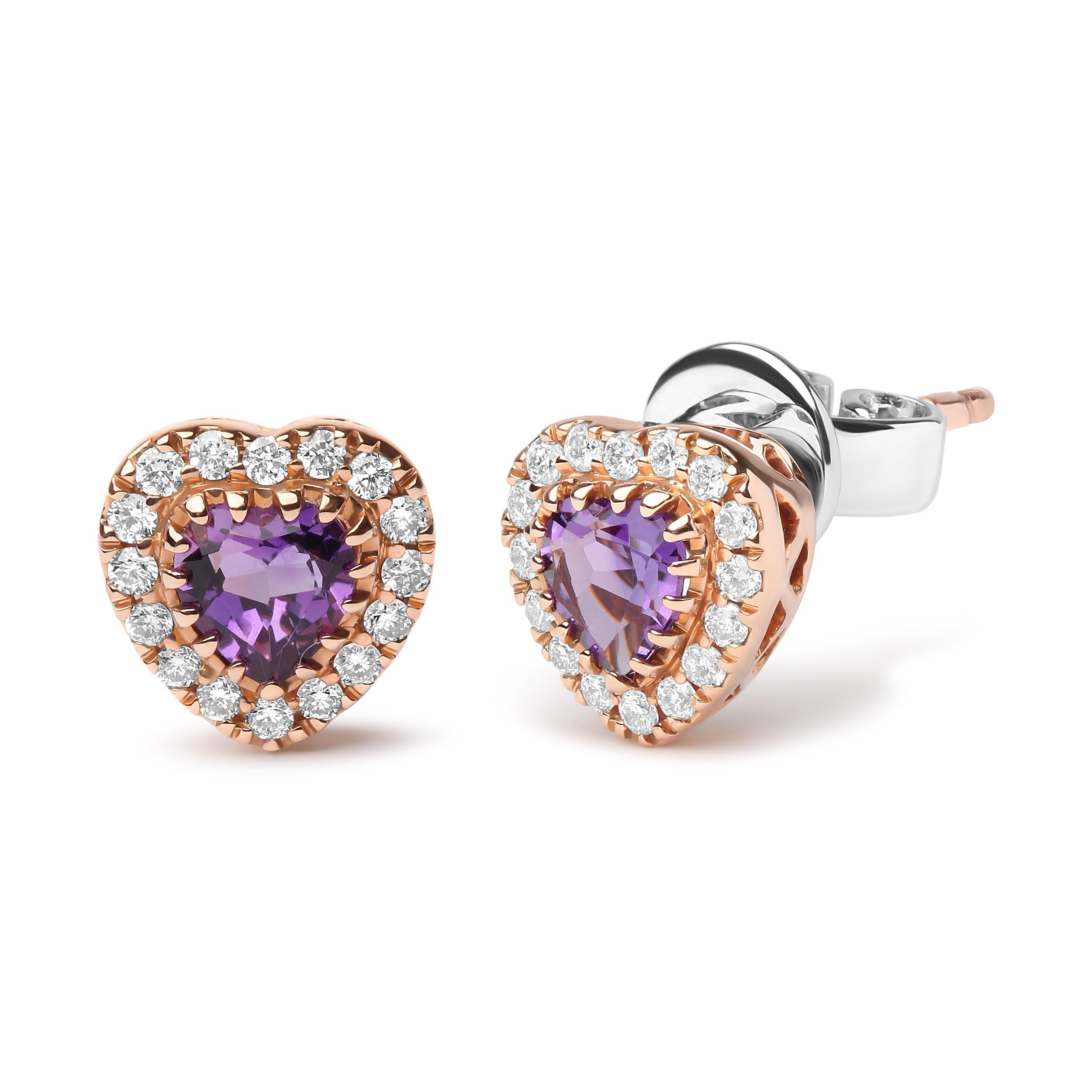 These 18k white and rose gold studs are the perfect gift for the romantic at heart. At the very center of this pair rests a natural 4mm heart-cut purple amethyst gemstone secured within a prong setting. In a halo around this heart-shaped centerpiece