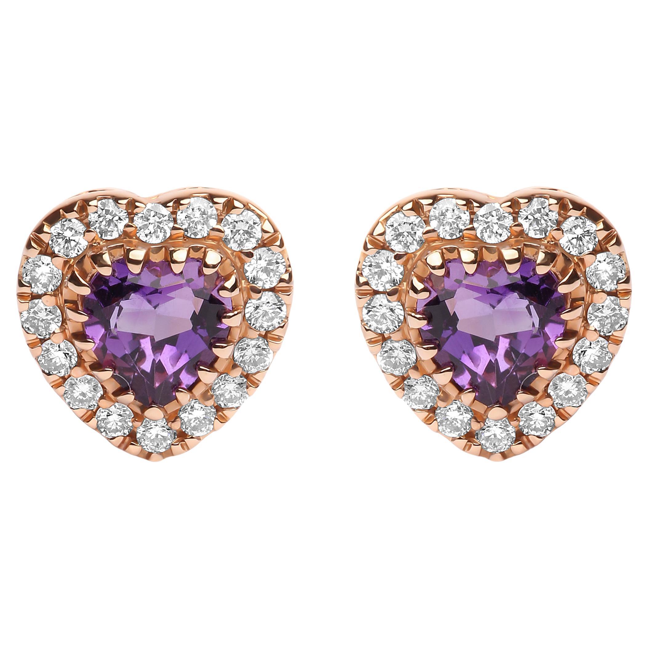 18K Two-Tone Gold 1/6 Carat Diamond and Purple Amethyst Gemstone Stud Earrings For Sale