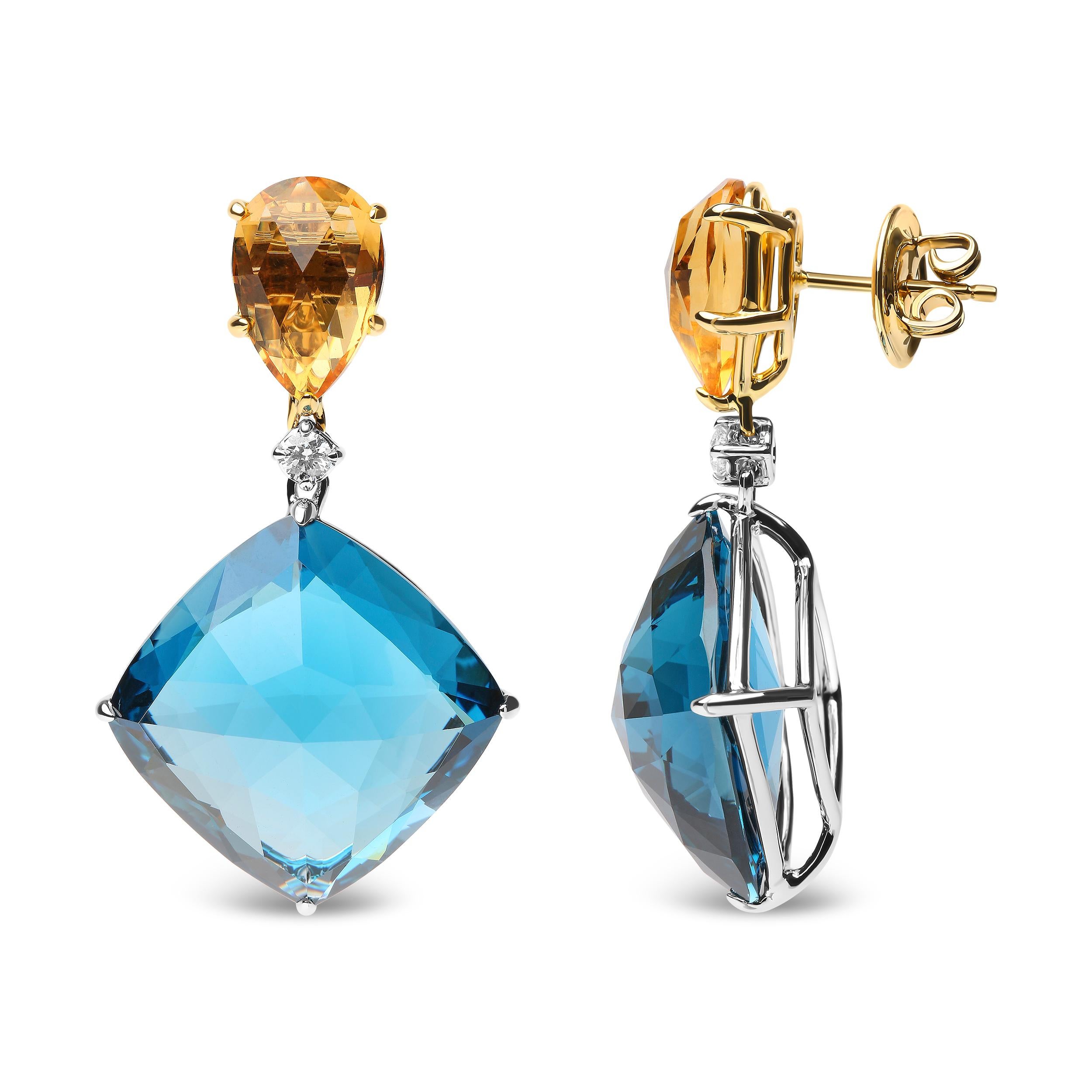 Contemporary 18K Two-Tone Gold 1/6 Ct Diamond with Yellow Citrine & Blue Topaz Dangle Earring For Sale