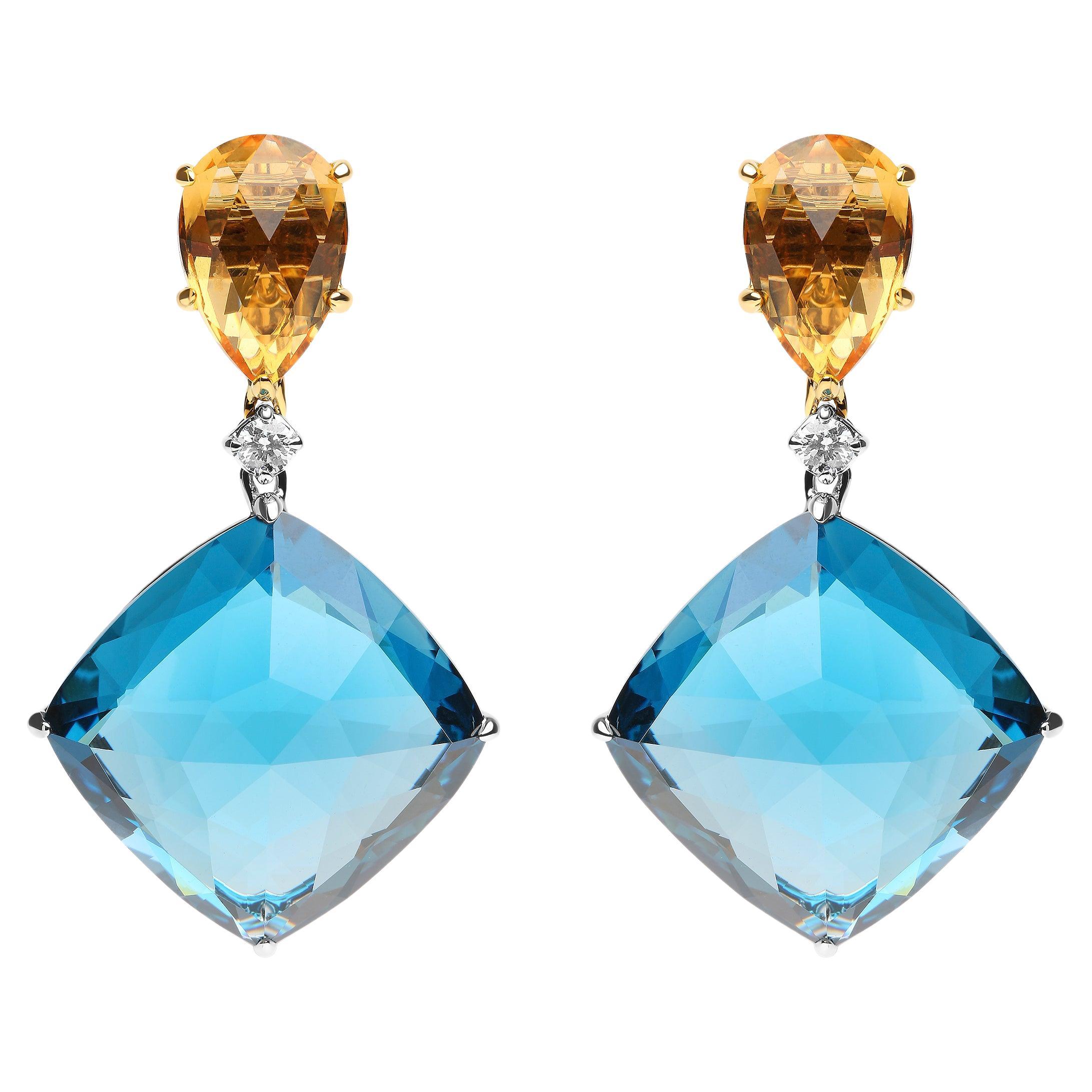 Pendants d'oreilles en or bicolore 18 carats avec diamants de 1/6 carat, citrine jaune et topaze bleue