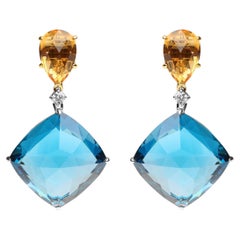 Pendants d'oreilles en or bicolore 18 carats avec diamants de 1/6 carat, citrine jaune et topaze bleue
