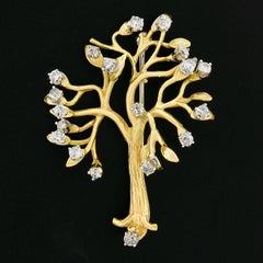 18K Two Tone Gold 1.0ctw Prong Set Old European & Single Cut Diamond Tree Brooch