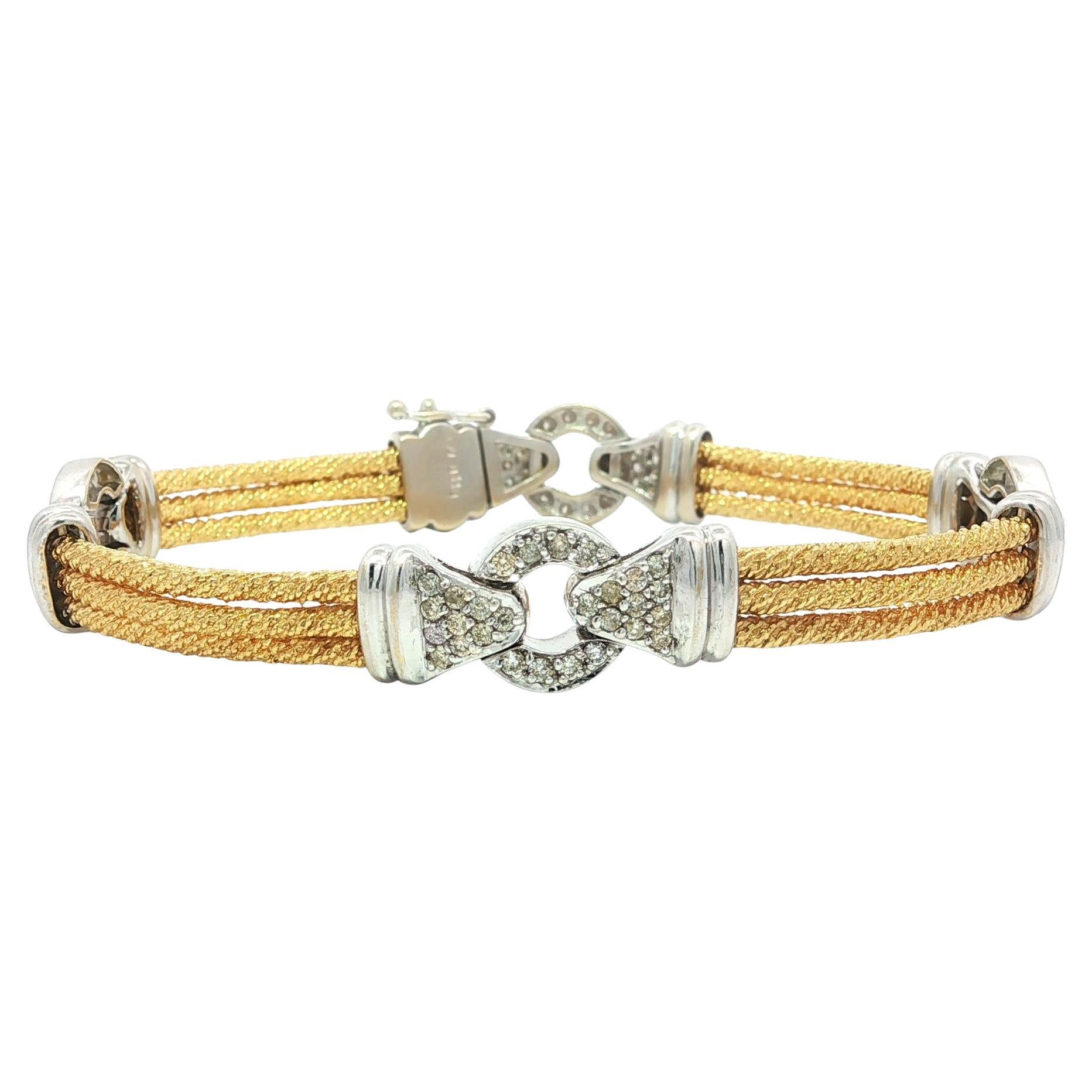 18k Two Tone Gold 1.10ctw Diamond & Textured Tubes Station Link Bracelet For Sale