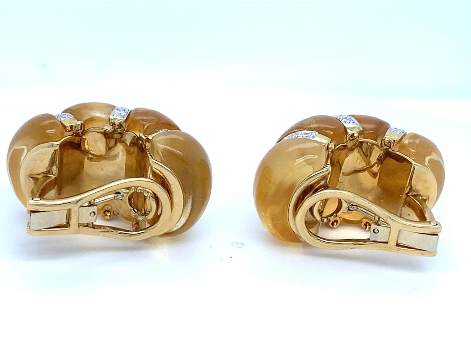 18k Two-Tone Gold 1.15 ct Diamond and Citrine Cabochon Shrimp Ear Clips For Sale 5