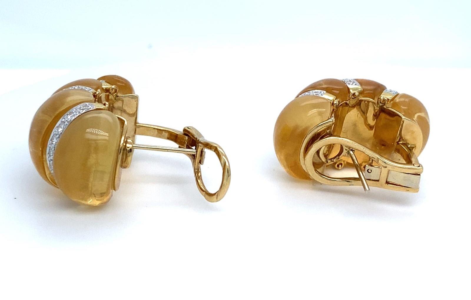 18k Two-Tone Gold 1.15 ct Diamond and Citrine Cabochon Shrimp Ear Clips For Sale 6