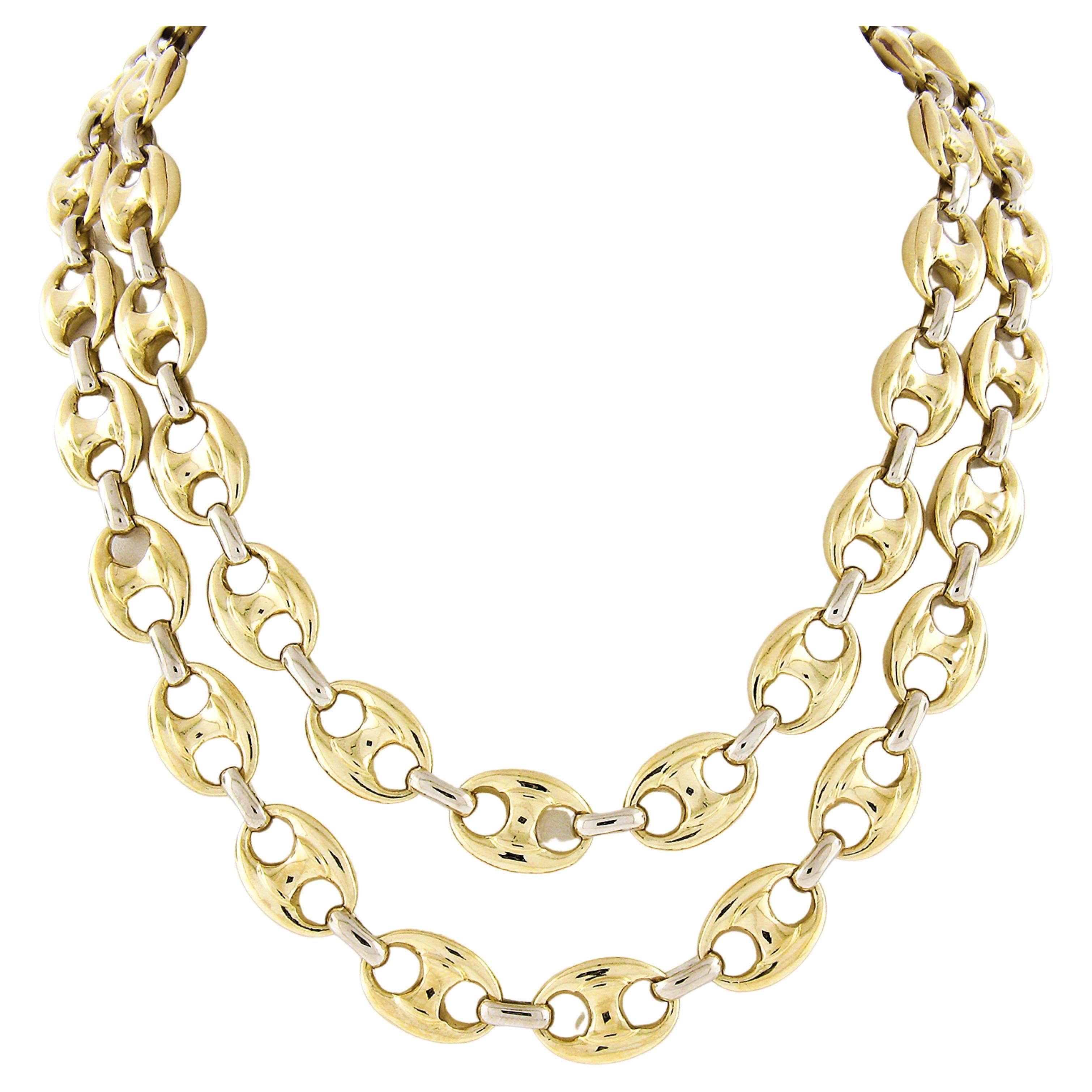 18K Two Tone Gold Polished Mariner Link Long Statement Chain Necklace