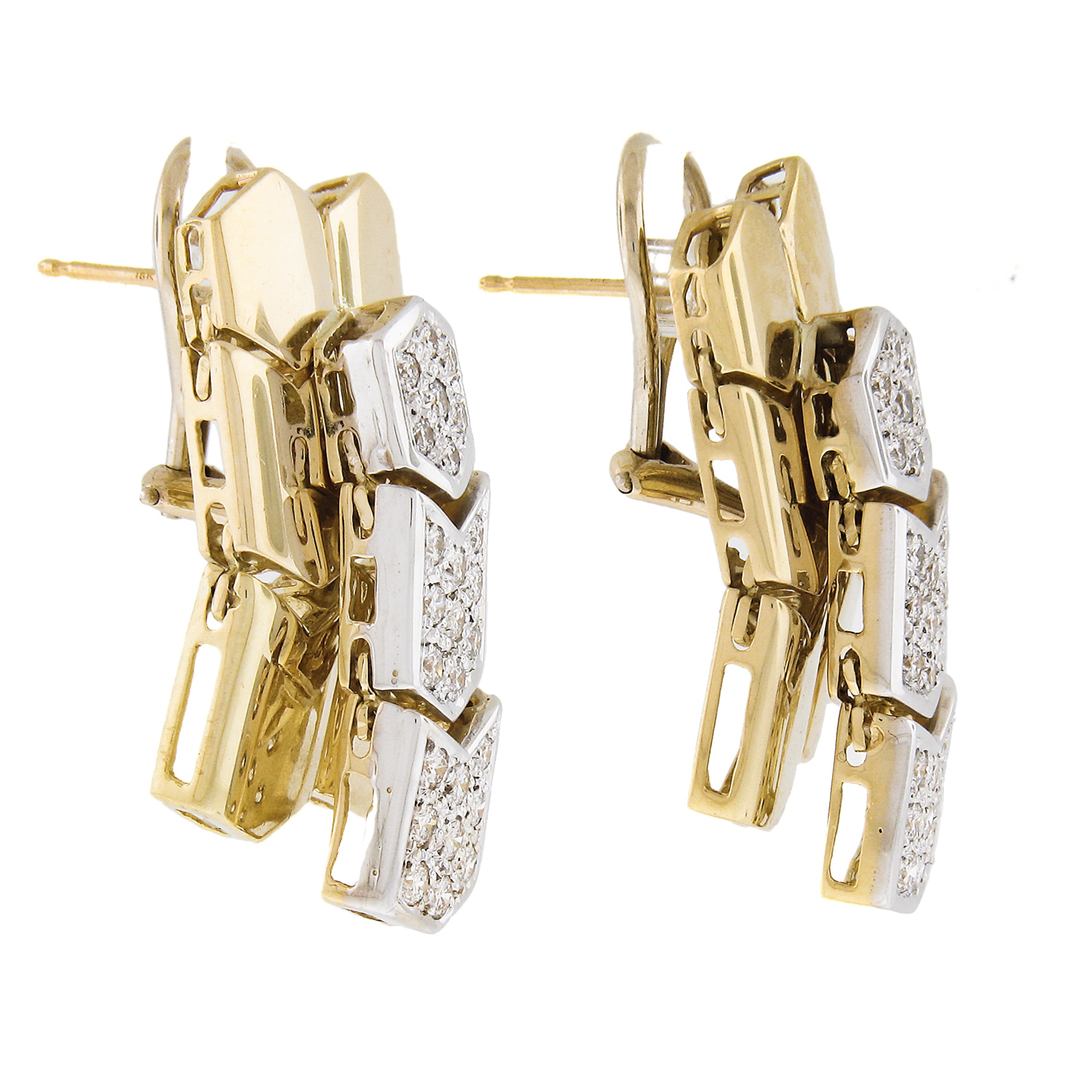 Pendientes Colgantes de Oro de Dos Tonos de 18 quilates y 1,25 quilates de Diamante Chevron Flexible Corte redondo en venta