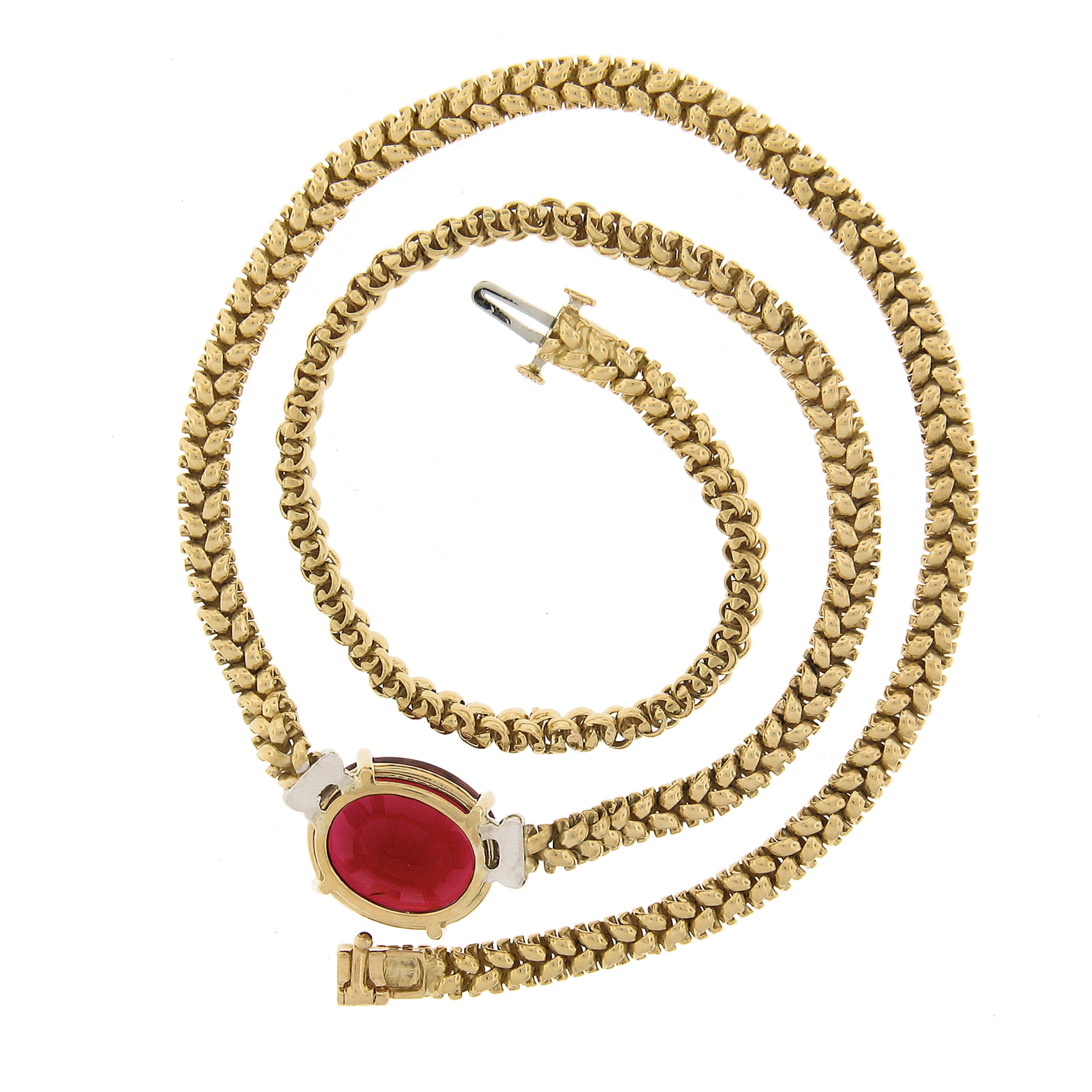 18k Two Tone Gold 12.82 Carat GIA Large Oval Red Rubellite Tourmaline Necklace In Excellent Condition For Sale In Montclair, NJ