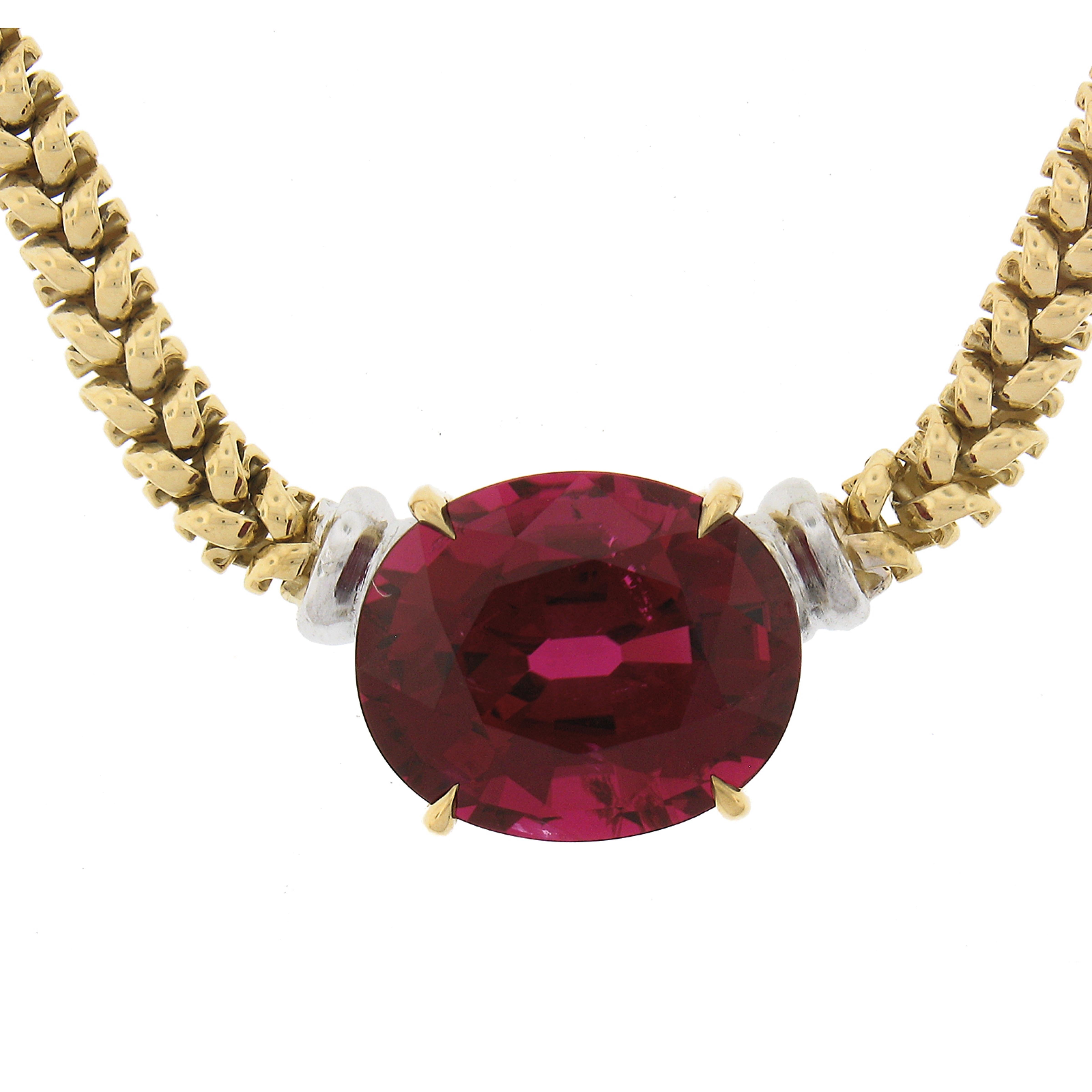 Women's 18k Two Tone Gold 12.82 Carat GIA Large Oval Red Rubellite Tourmaline Necklace For Sale