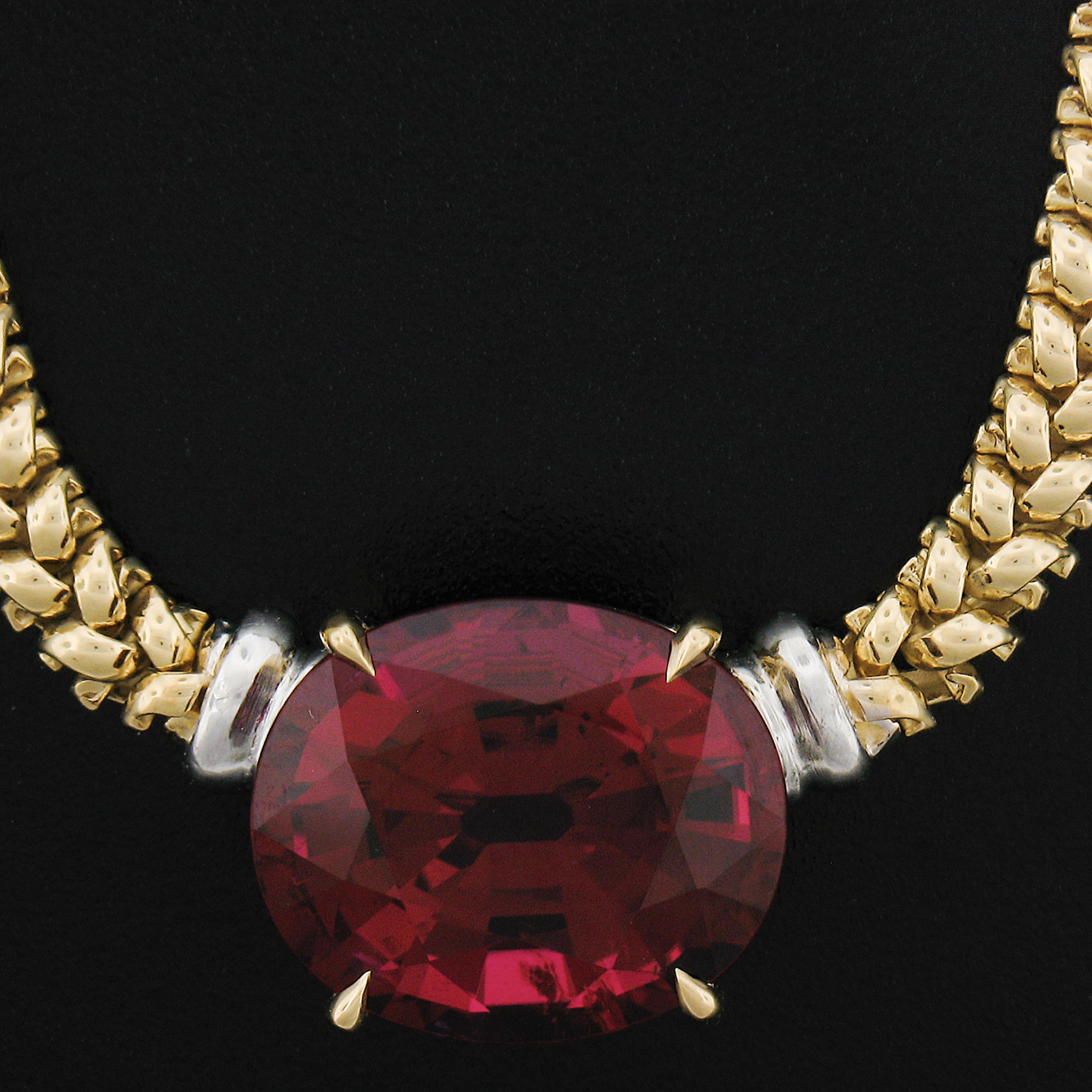 18k Two Tone Gold 12.82 Carat GIA Large Oval Red Rubellite Tourmaline Necklace For Sale 1