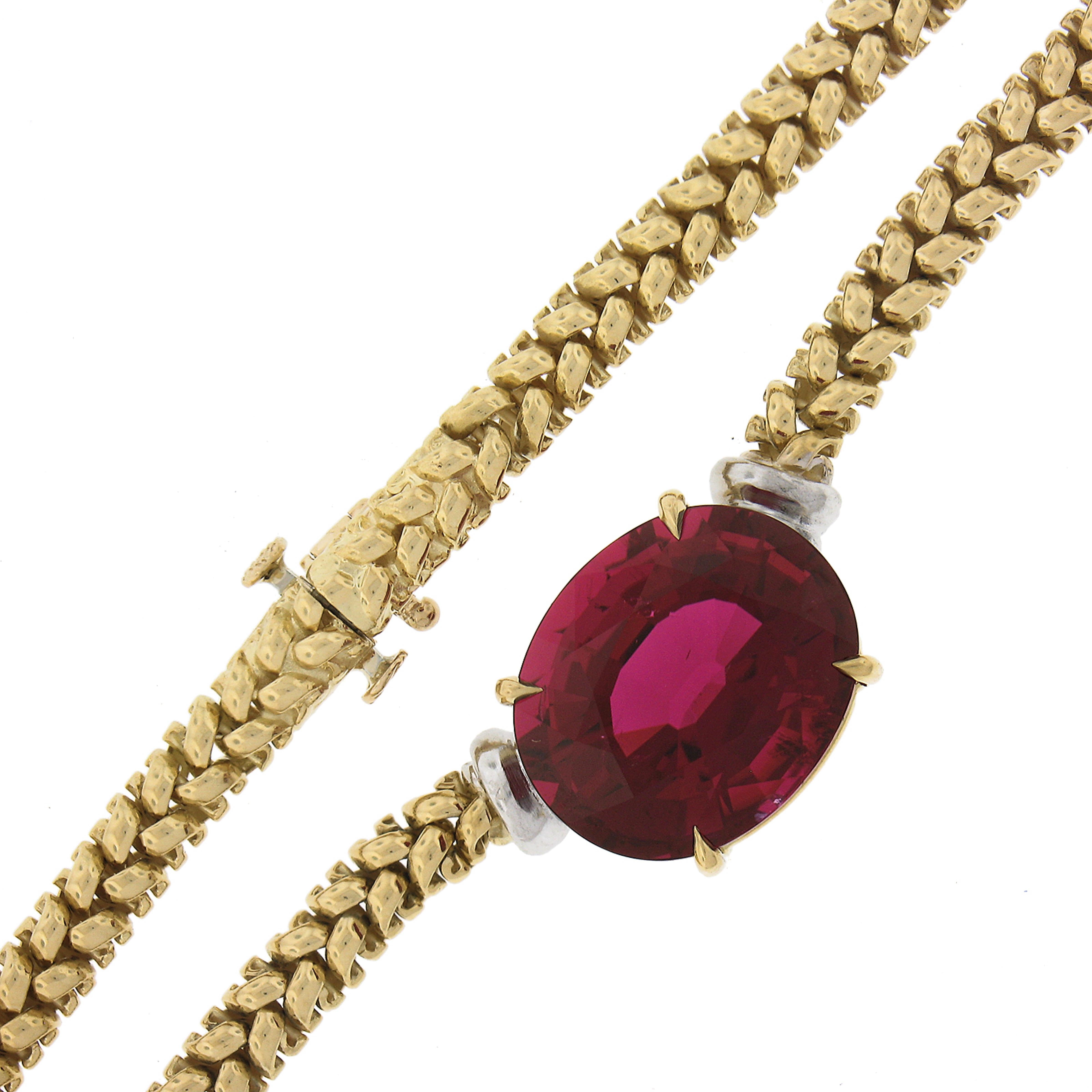 18k Two Tone Gold 12.82 Carat GIA Large Oval Red Rubellite Tourmaline Necklace For Sale 2