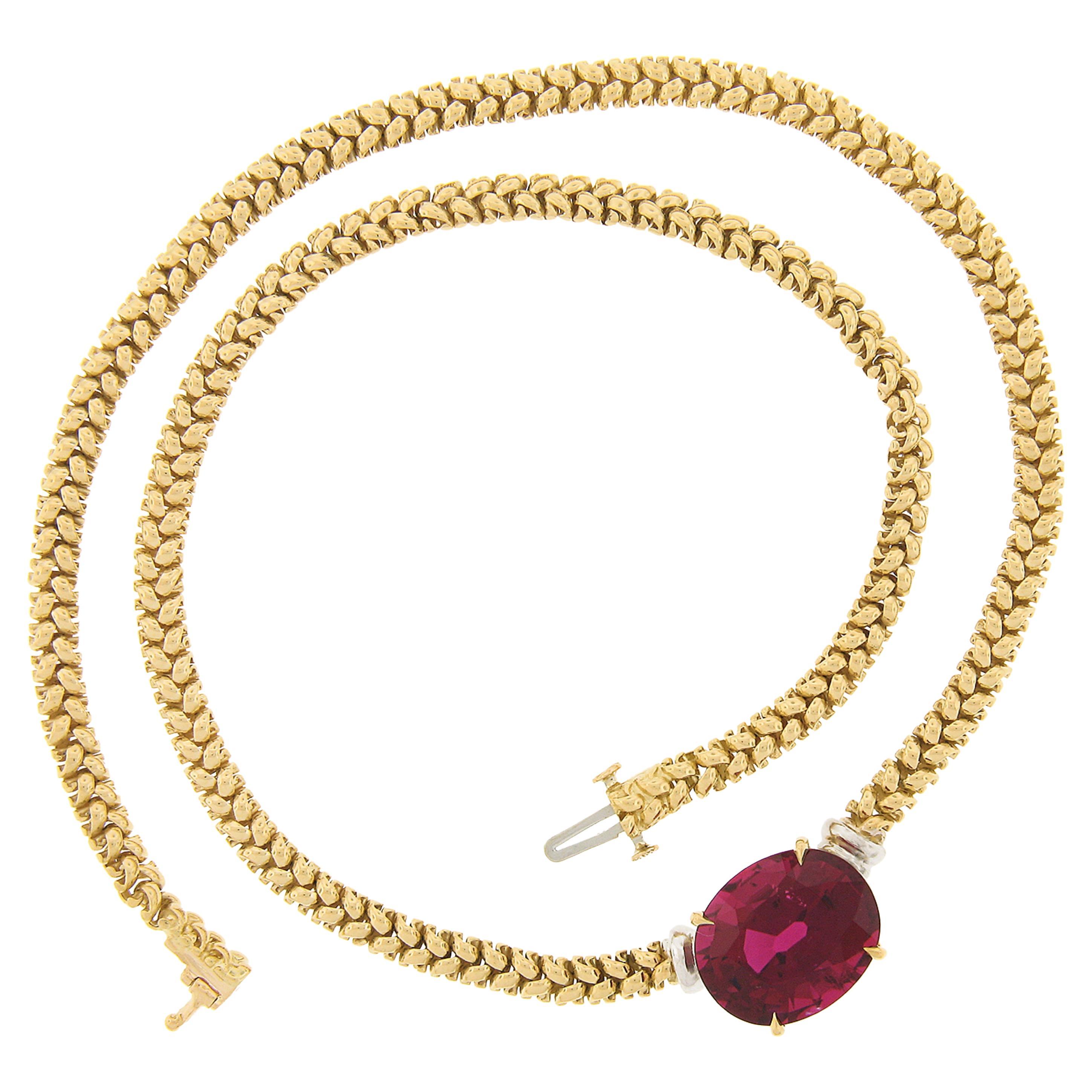 18k Two Tone Gold 12.82 Carat GIA Large Oval Red Rubellite Tourmaline Necklace For Sale