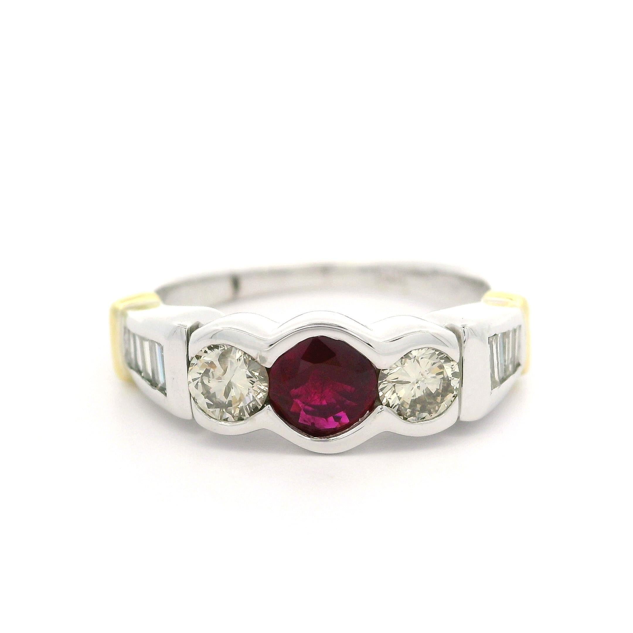 --Stone(s):--
(1) Natural Genuine Ruby - Round Cut - Half Bezel Set - Deep Red Color - 0.70ct (approx.)
(2) Natural Genuine Diamonds - Round Brilliant Cut - Half Bezel Set - Brilliant Light Brown Yellow Color - I1/I2 Clarity - 0.42ctw (approx.)
(8)