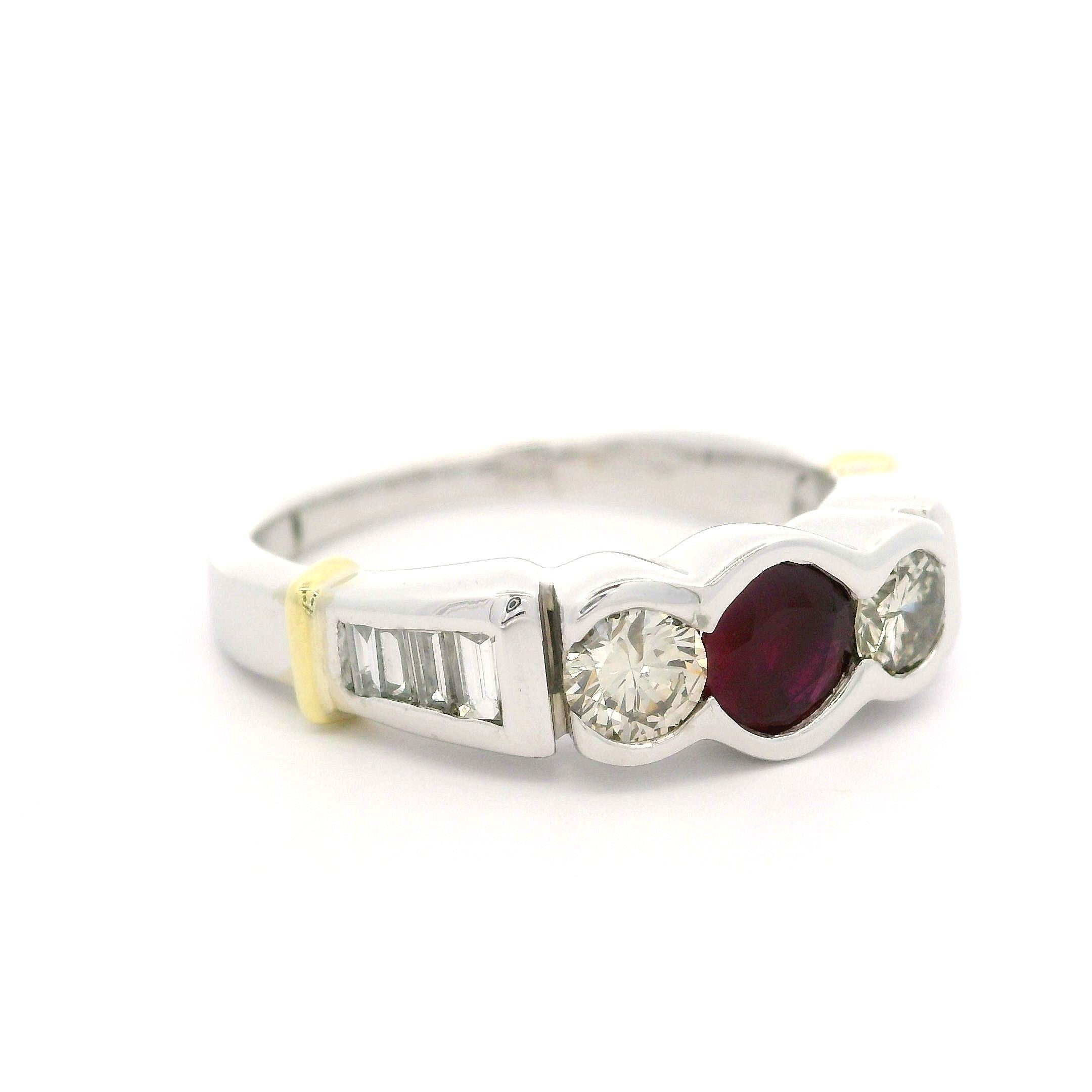 Round Cut 18k Two Tone Gold 1.32ctw Round Ruby w/ Baguette Diamond Band Ring For Sale