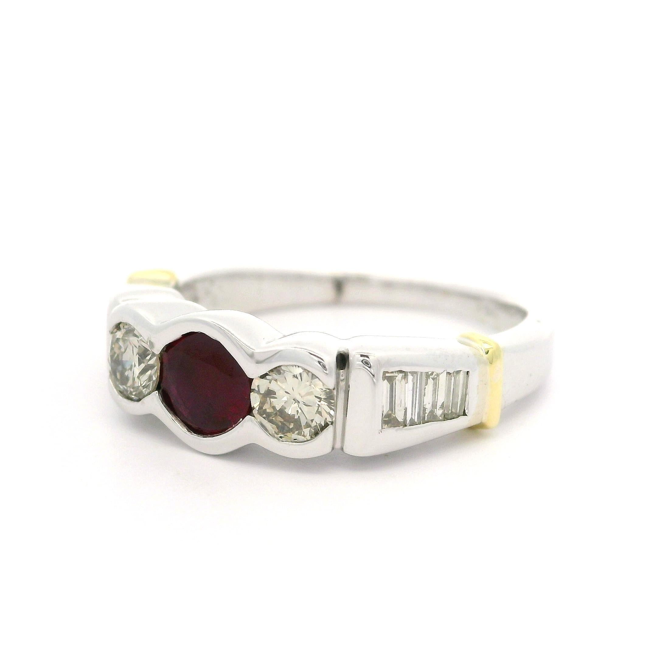 Women's 18k Two Tone Gold 1.32ctw Round Ruby w/ Baguette Diamond Band Ring For Sale