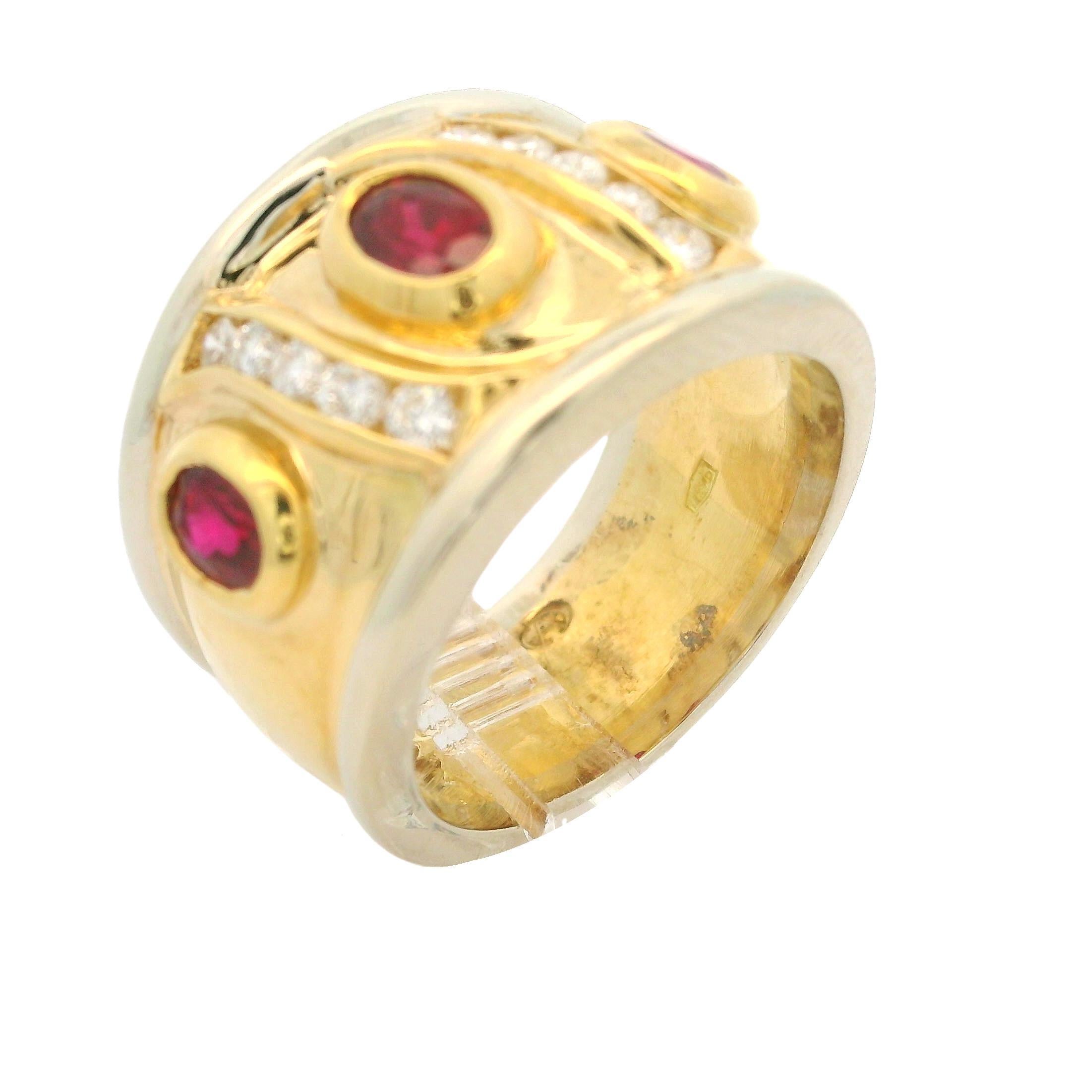Women's 18k Two Tone Gold 1.60ctw Bezel Oval Ruby & Diamond 14.9mm Wide Band Ring For Sale